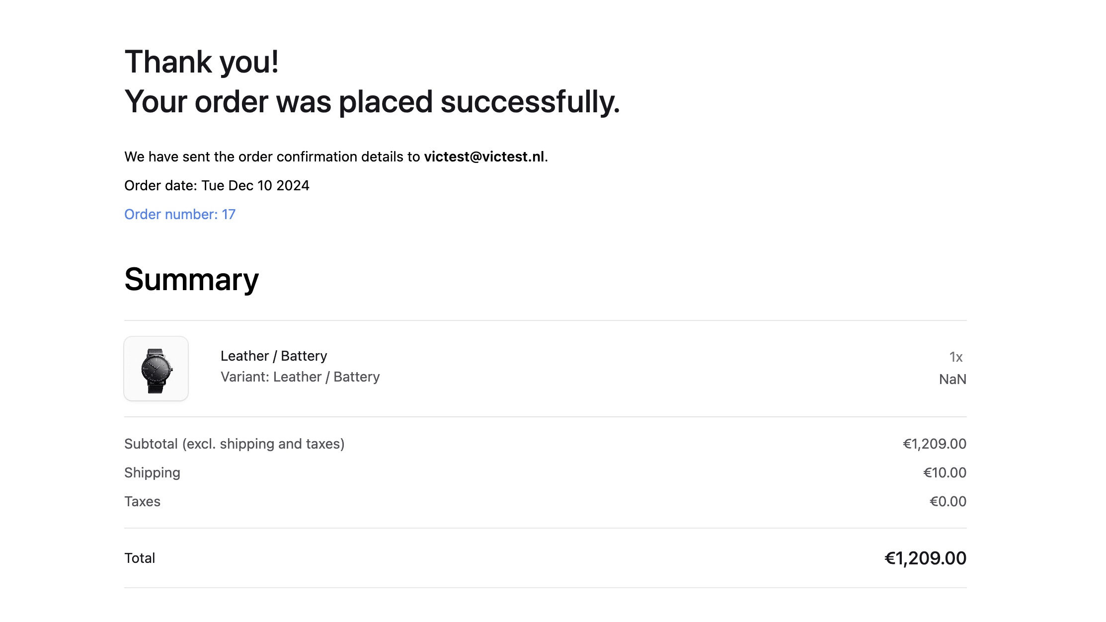Order confirmation page showing the order's details.