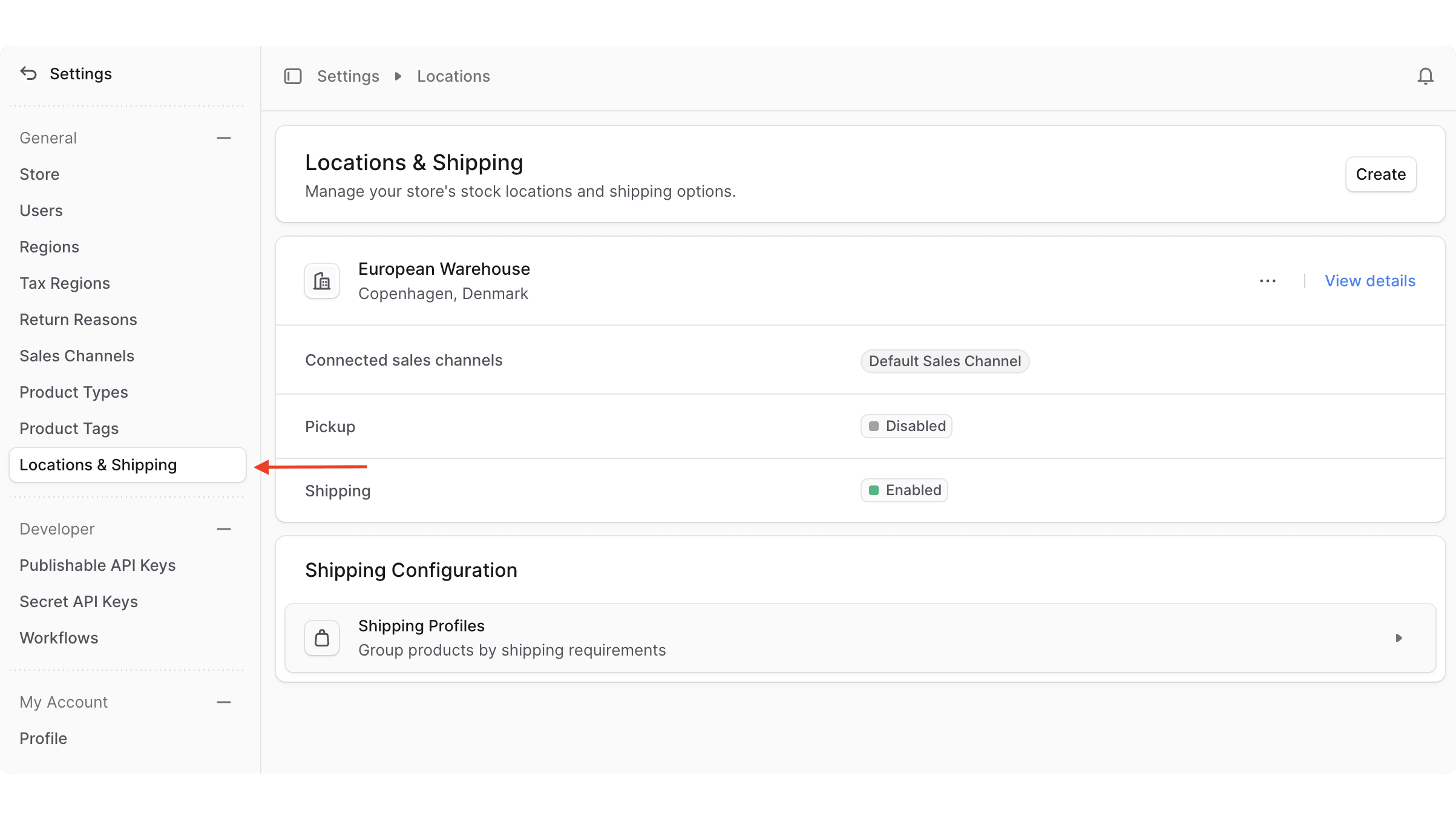 After clicking on settings in the main dashboard, a new sidebar will be shown where you can click on Location & Shipping