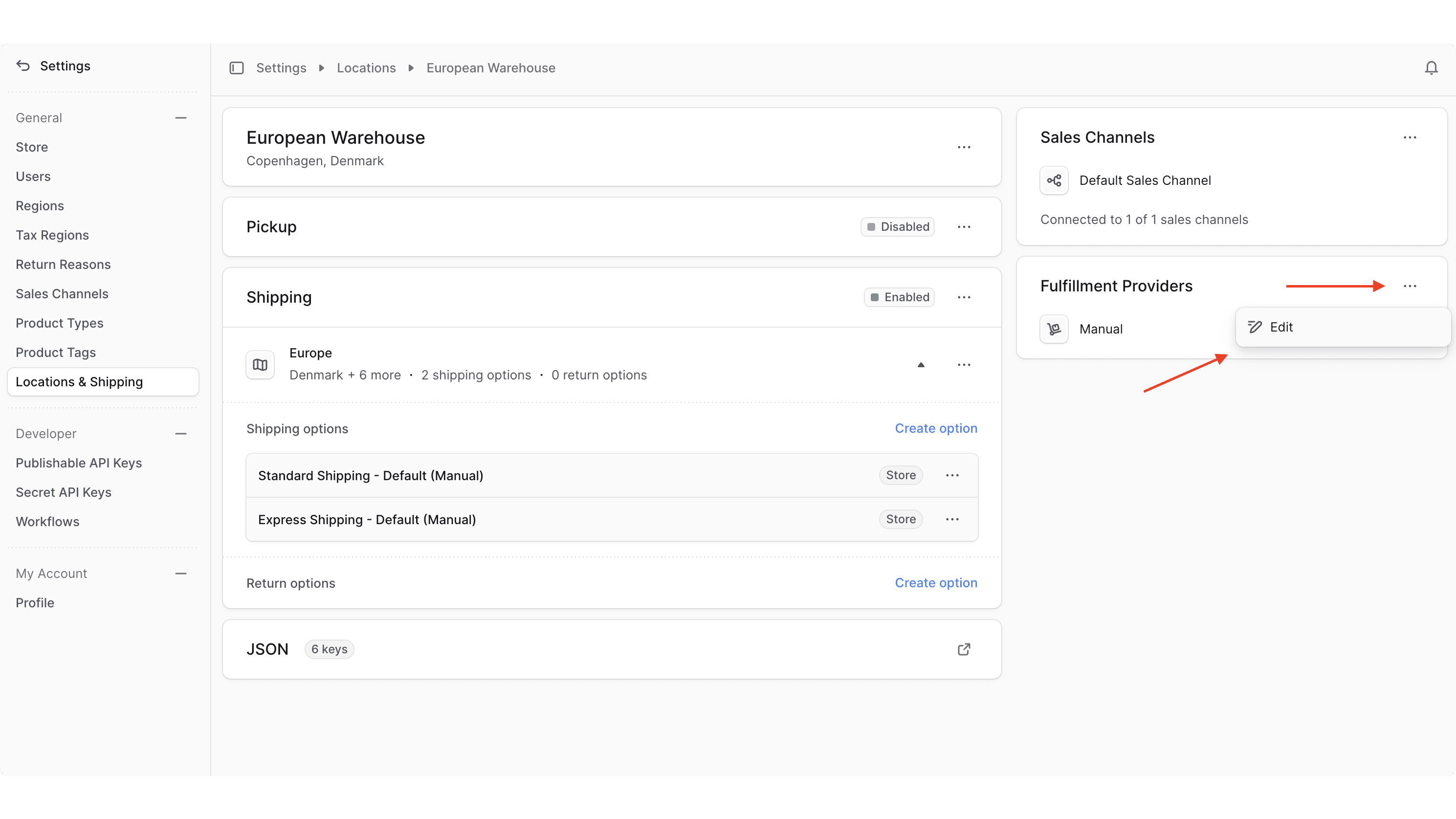 The location's page has as a "Fulfillment Providers" section in the side column at the right. Click on the three-dots icon in that section and choose Edit from the dropdown