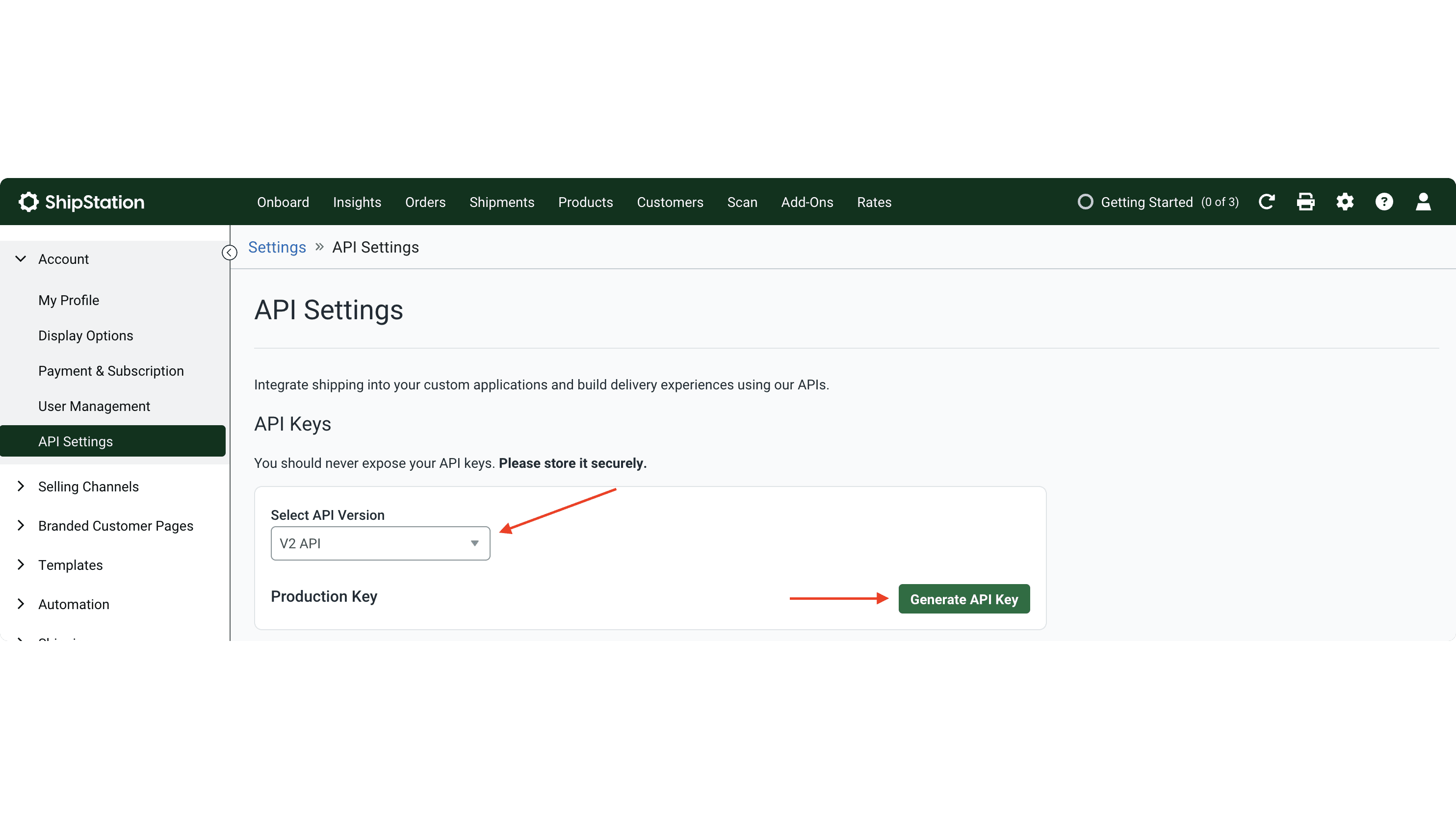 Make sure V2 API is selected in the Select API Version dropdown, then click on the "Generate API Key" button.