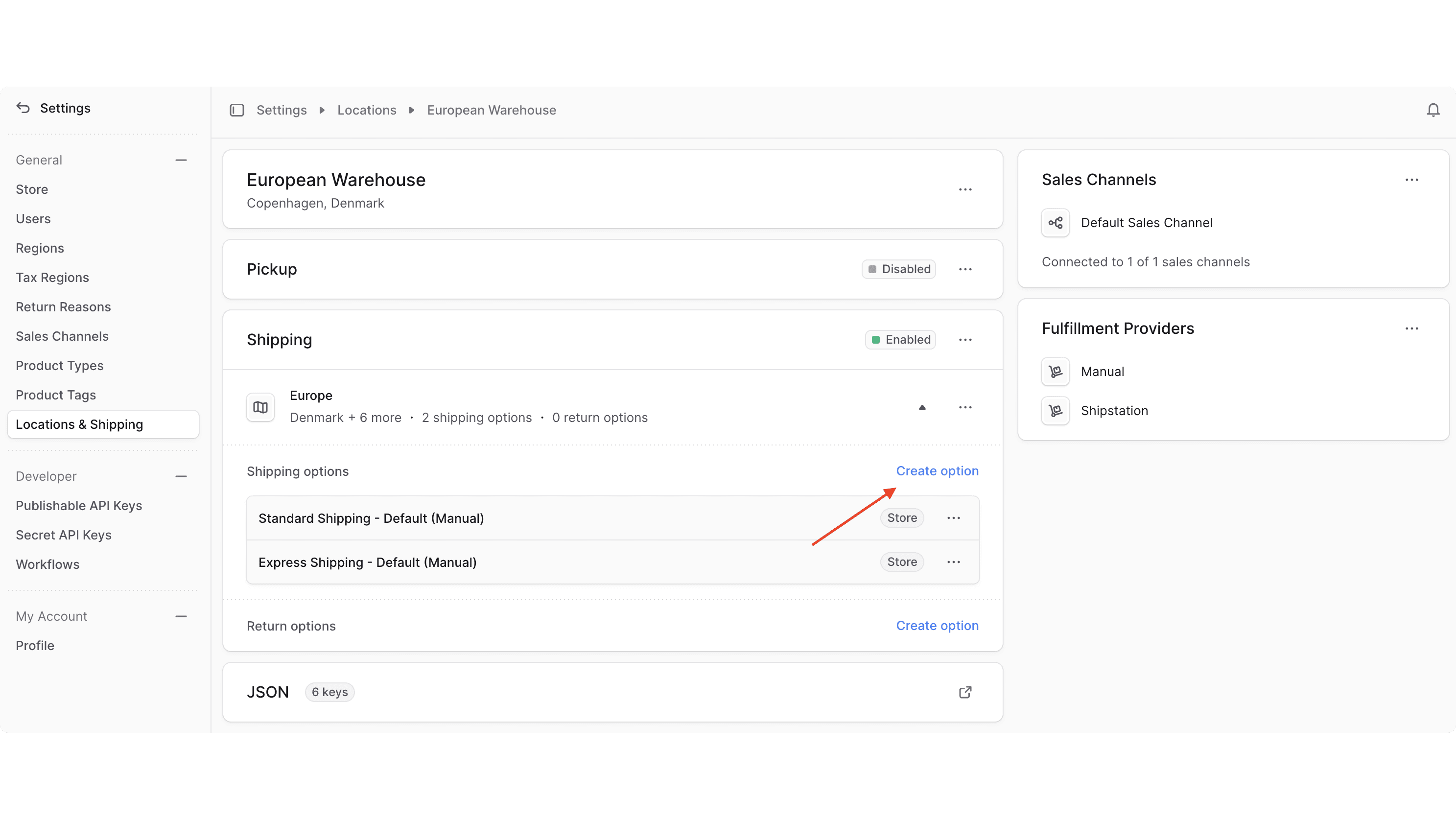 The Create Option link is in the Shipping section next to shipping options