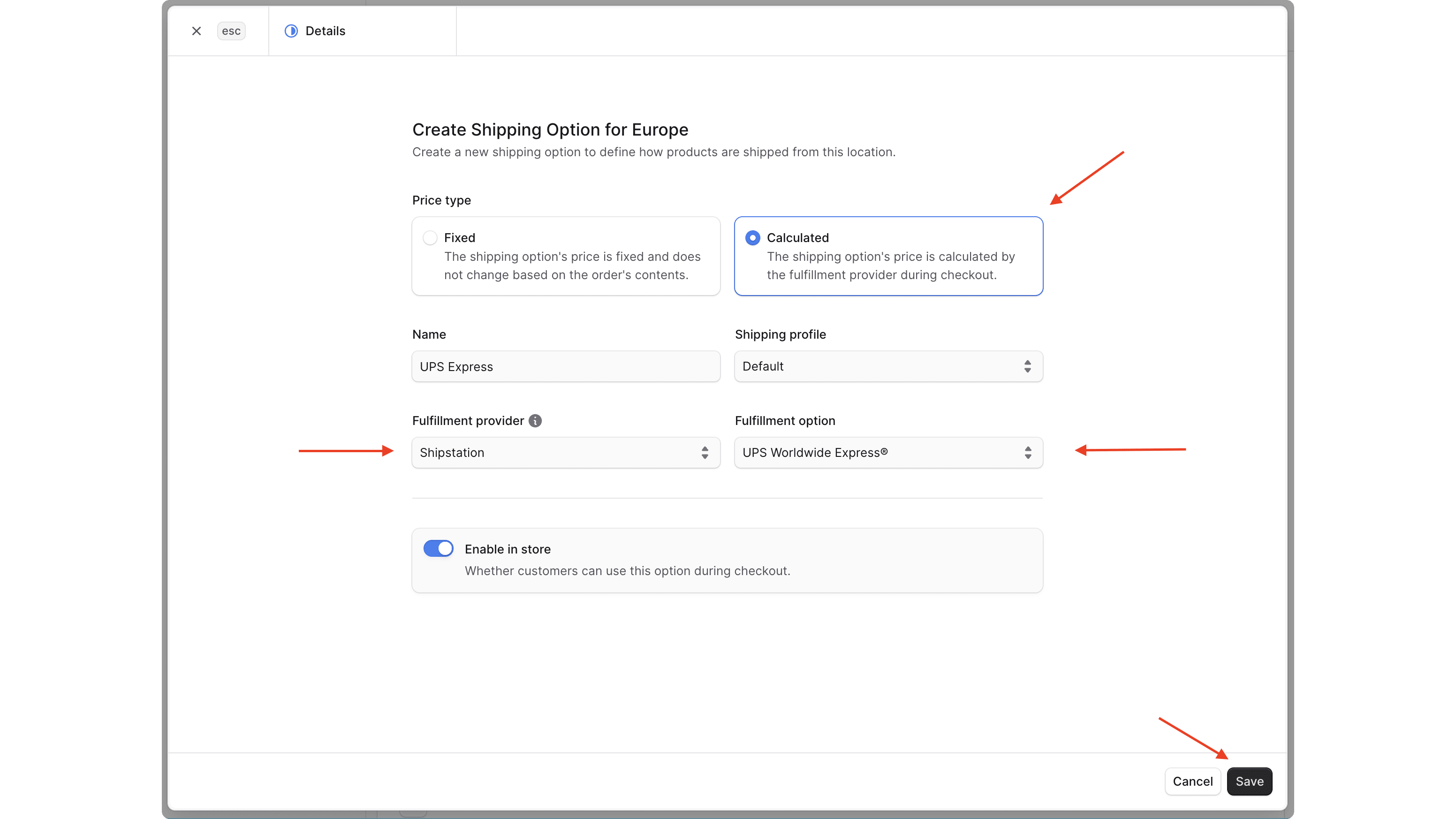 Select Calculated for price type, and select the correct fulfillment provider and option