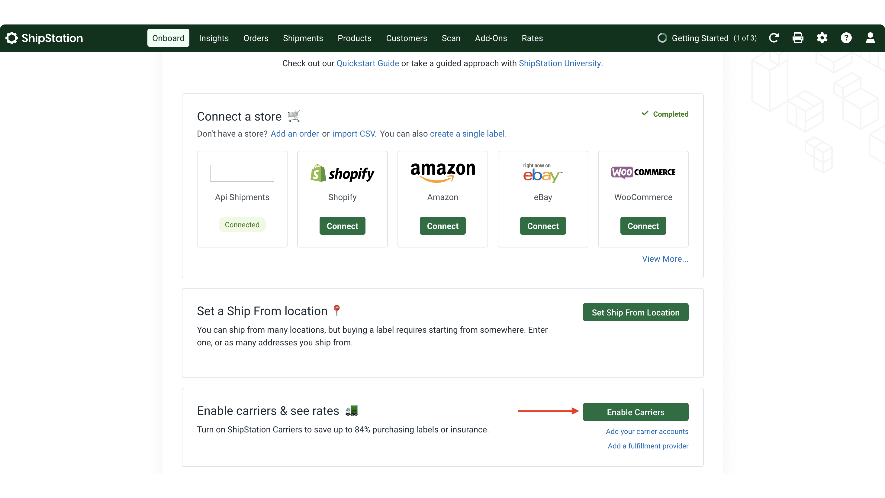 Scroll down to the Enable carriers & see rates section, and find the "Enable Carriers" button.