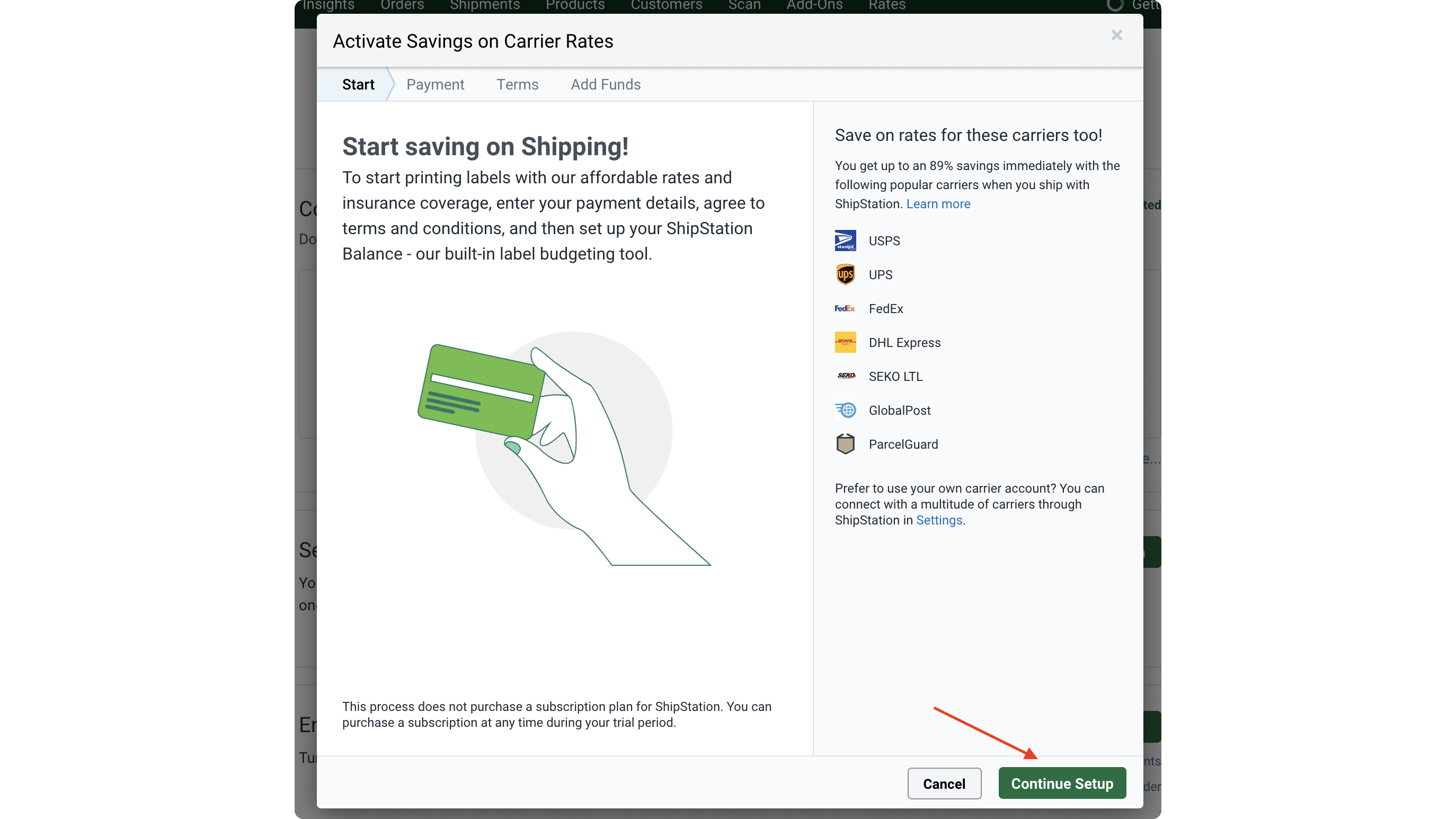 Click on the green Continue Setup button