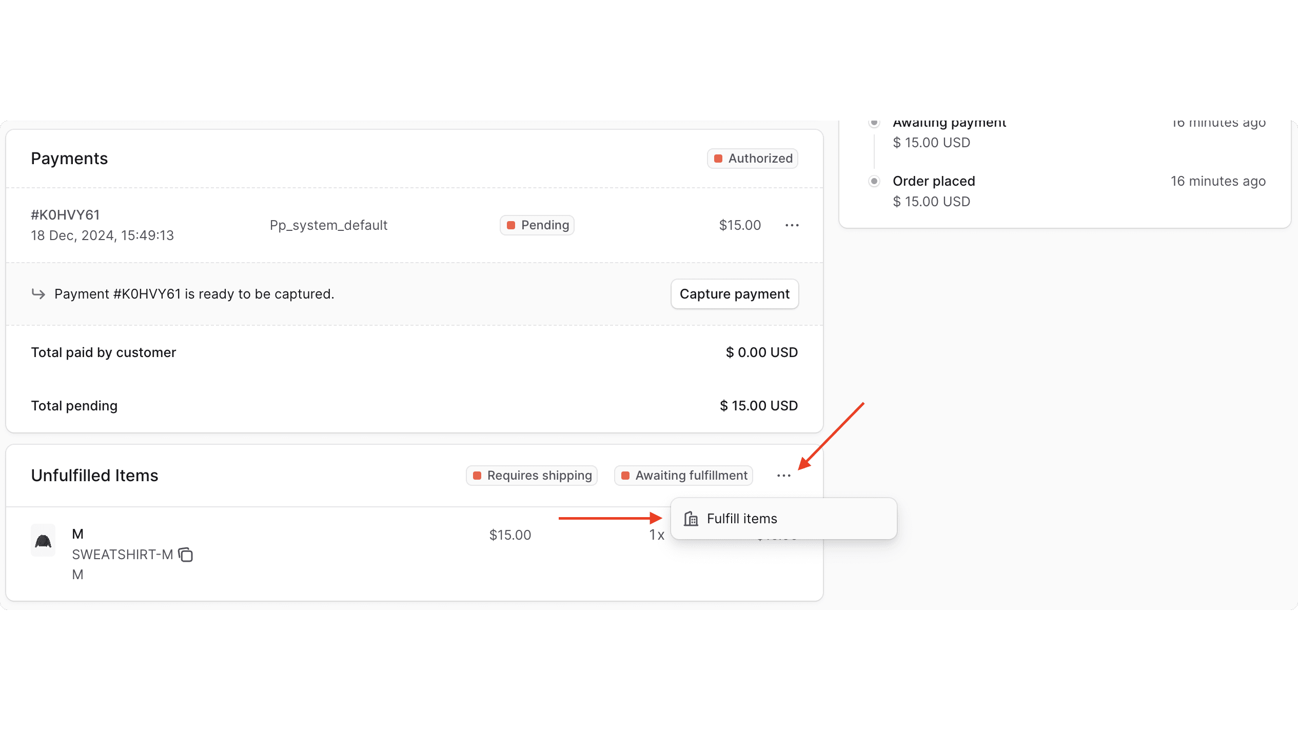 In the Unfulfilled Items section, click on the three dots, then Fulfill items from the dropdown