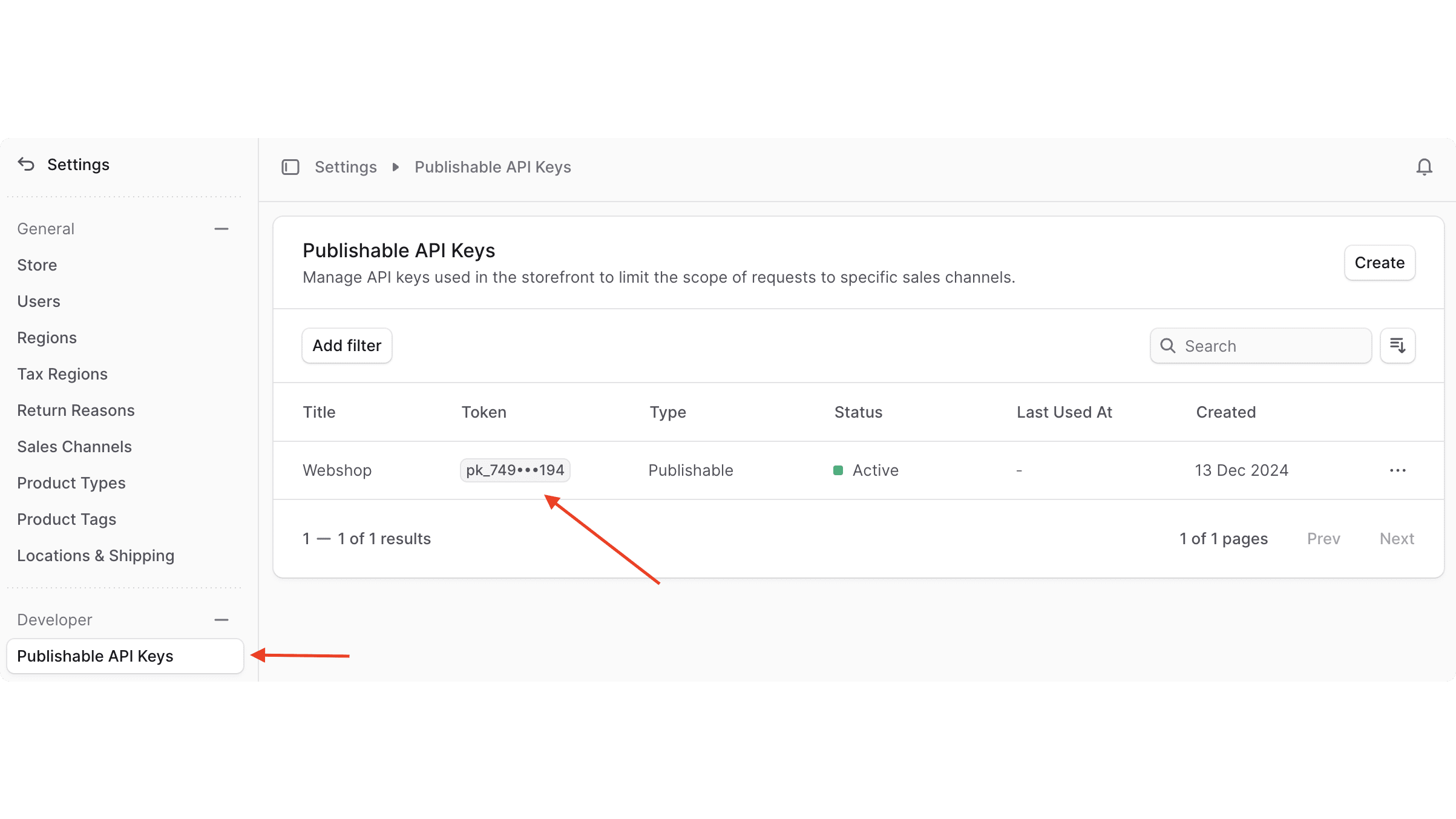 Navigation path in Medusa Admin dashboard: Settings showing "Publishable API Key" option, with the publishable API key displayed and a copy button to retrieve the token for storefront configuration
