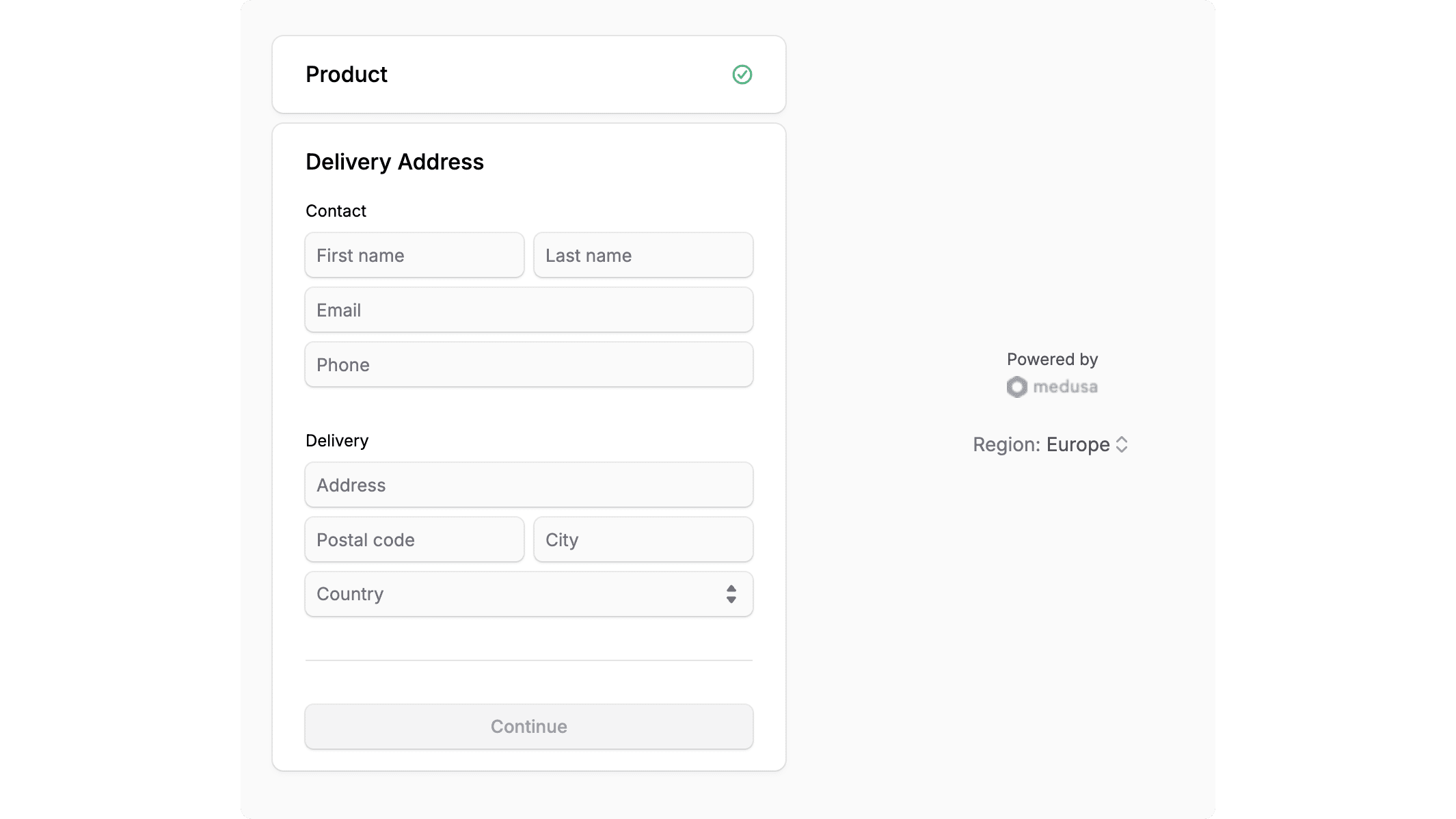 Address step showing the address form and a continue button