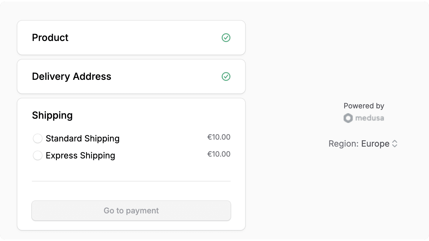 Shipping step showing the shipping options and a go to payment button
