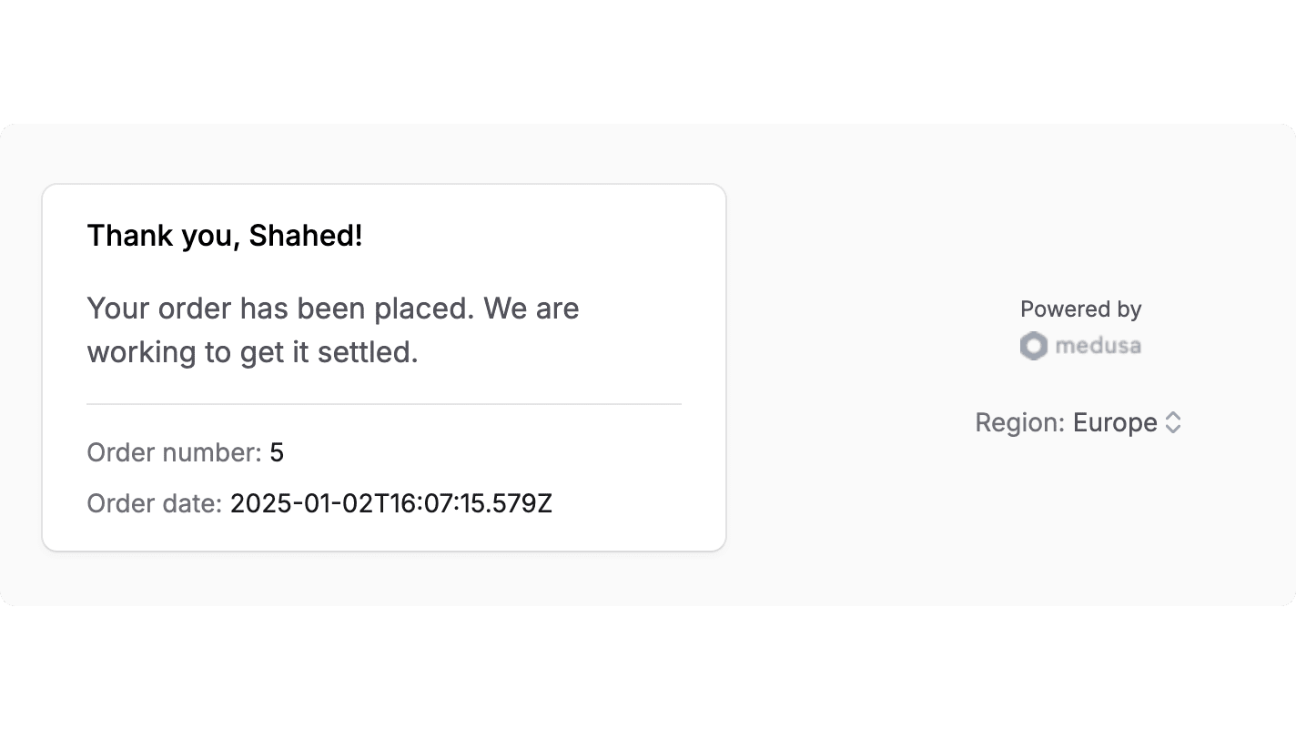 Confirmation page showing the order's ID and date