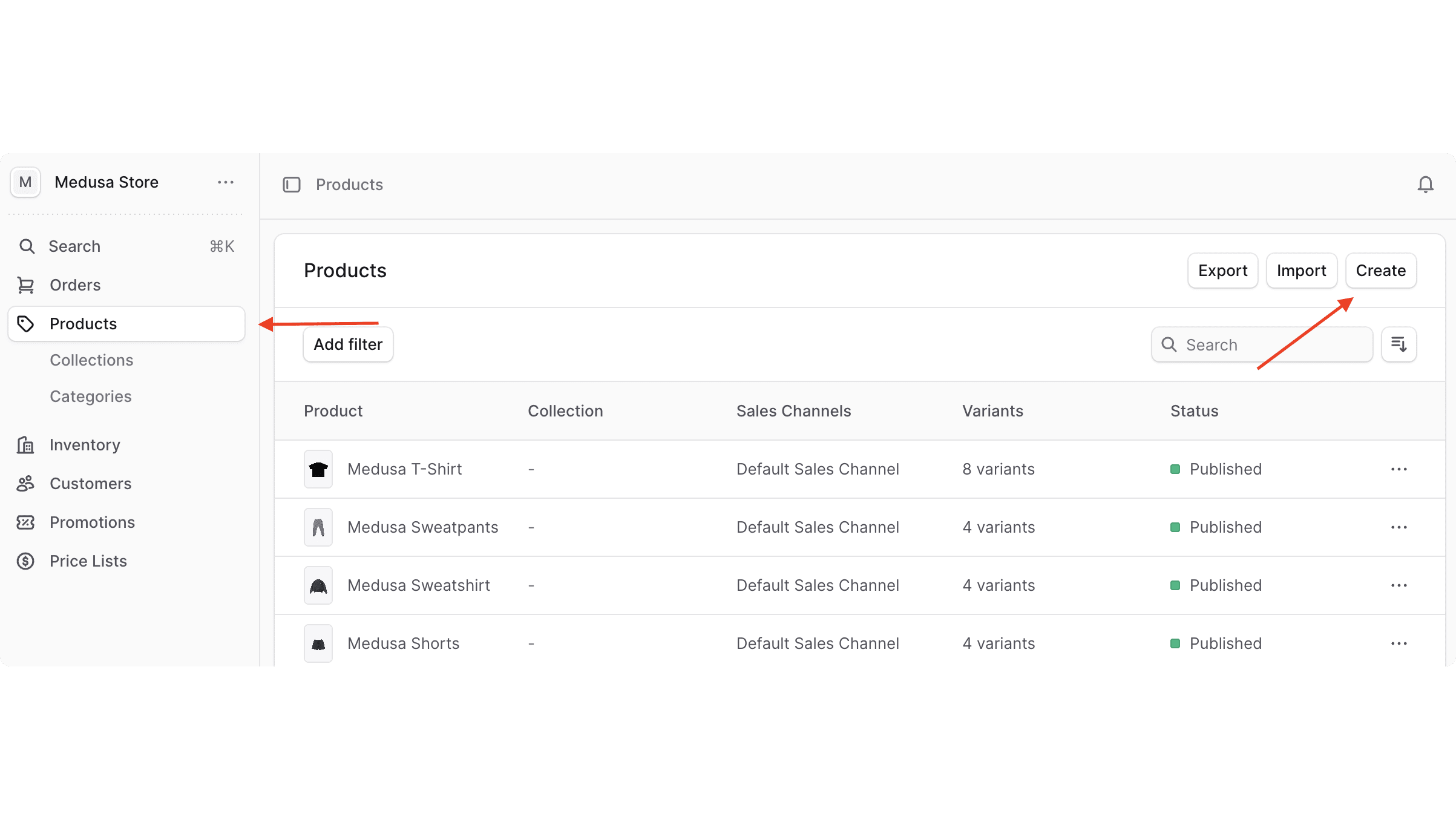 Click on Products in the sidebar at the left, then click on the Create button at the top right of the content