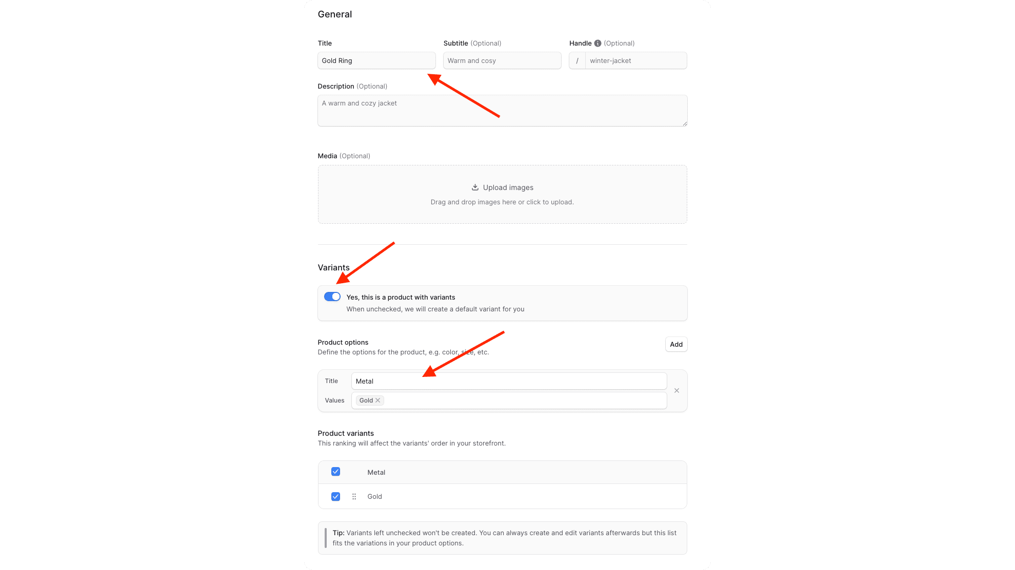 Fill in the product details, enable the "Yes, this is a product with variants" toggle, and add the "Metal" option with "Gold" value