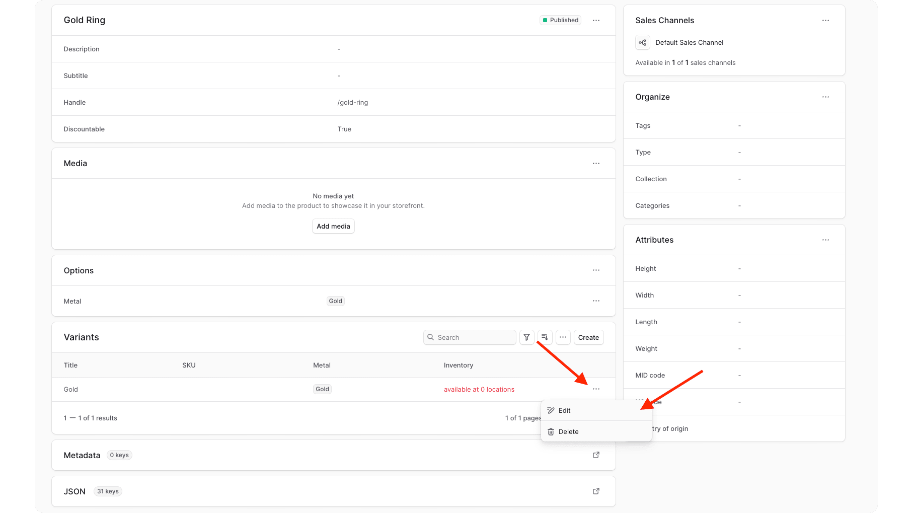 Find the Gold variant in the Variants section, click on the three-dots icon, and choose "Edit"