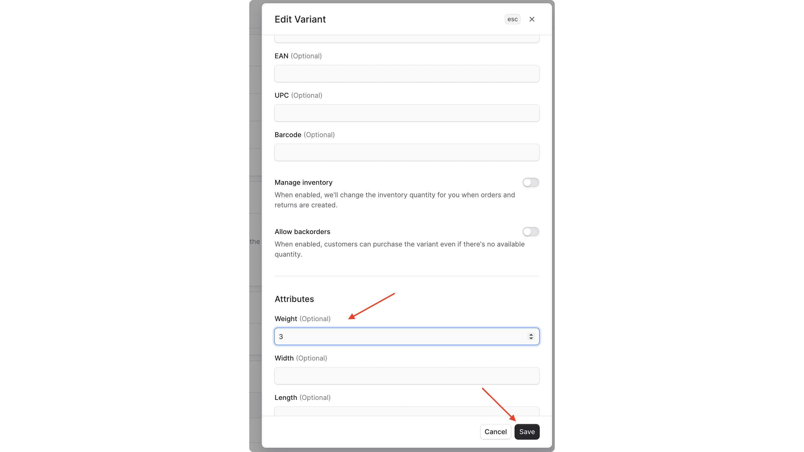 Enter the weight in the Weight field, then click the Save button