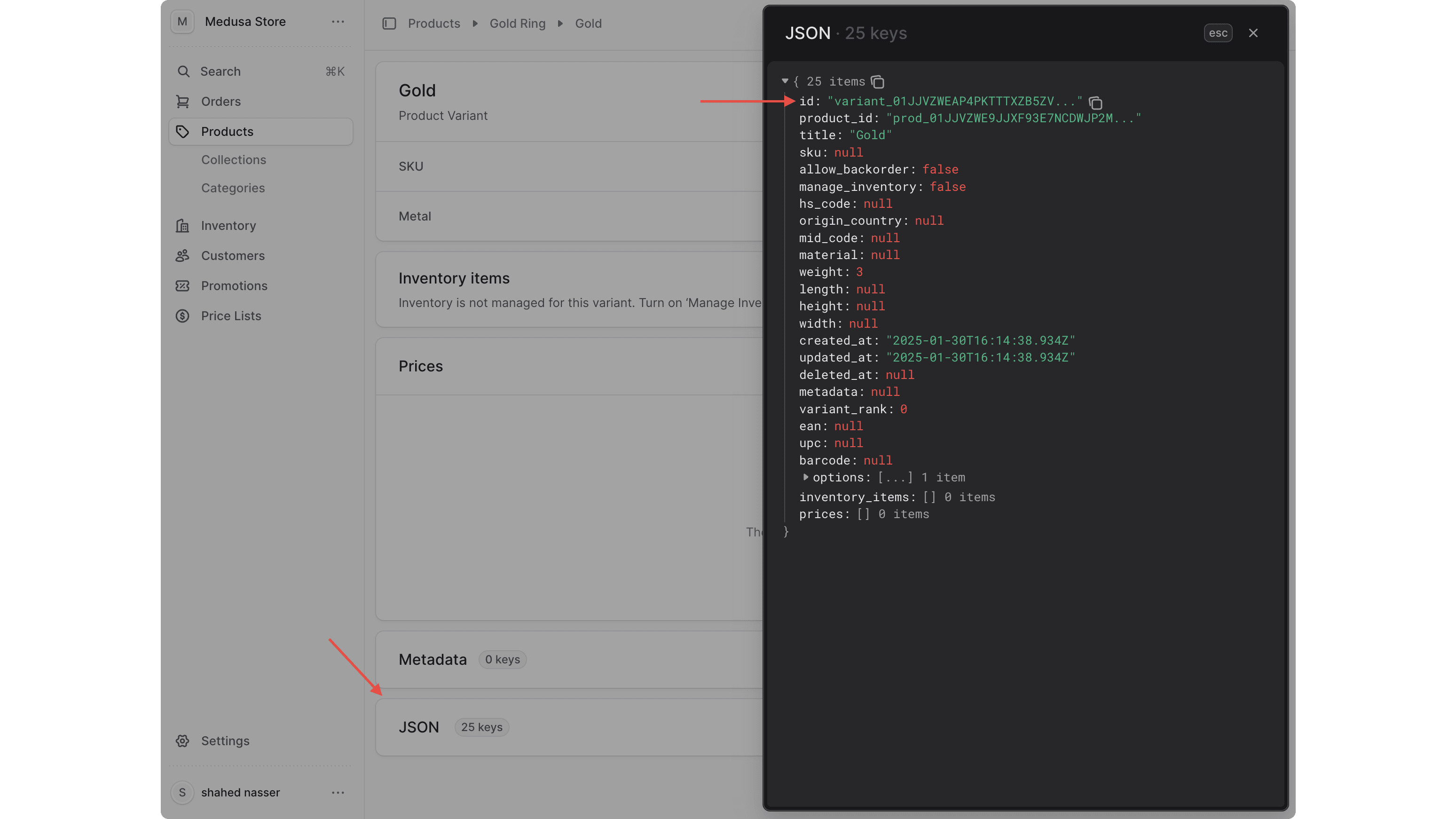 Click on the icon at the right of the JSON section to copy the variant's ID