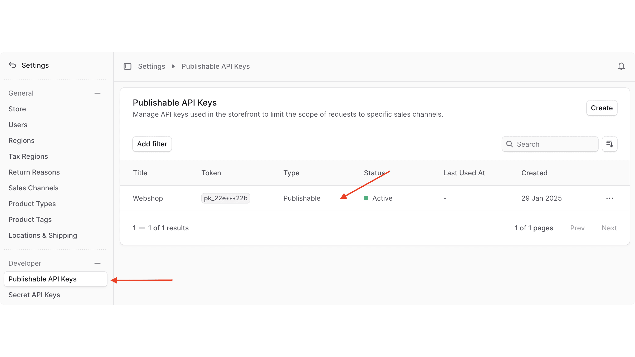 Click on publishable API keys in the Settings sidebar, then click on a publishable API key in the list