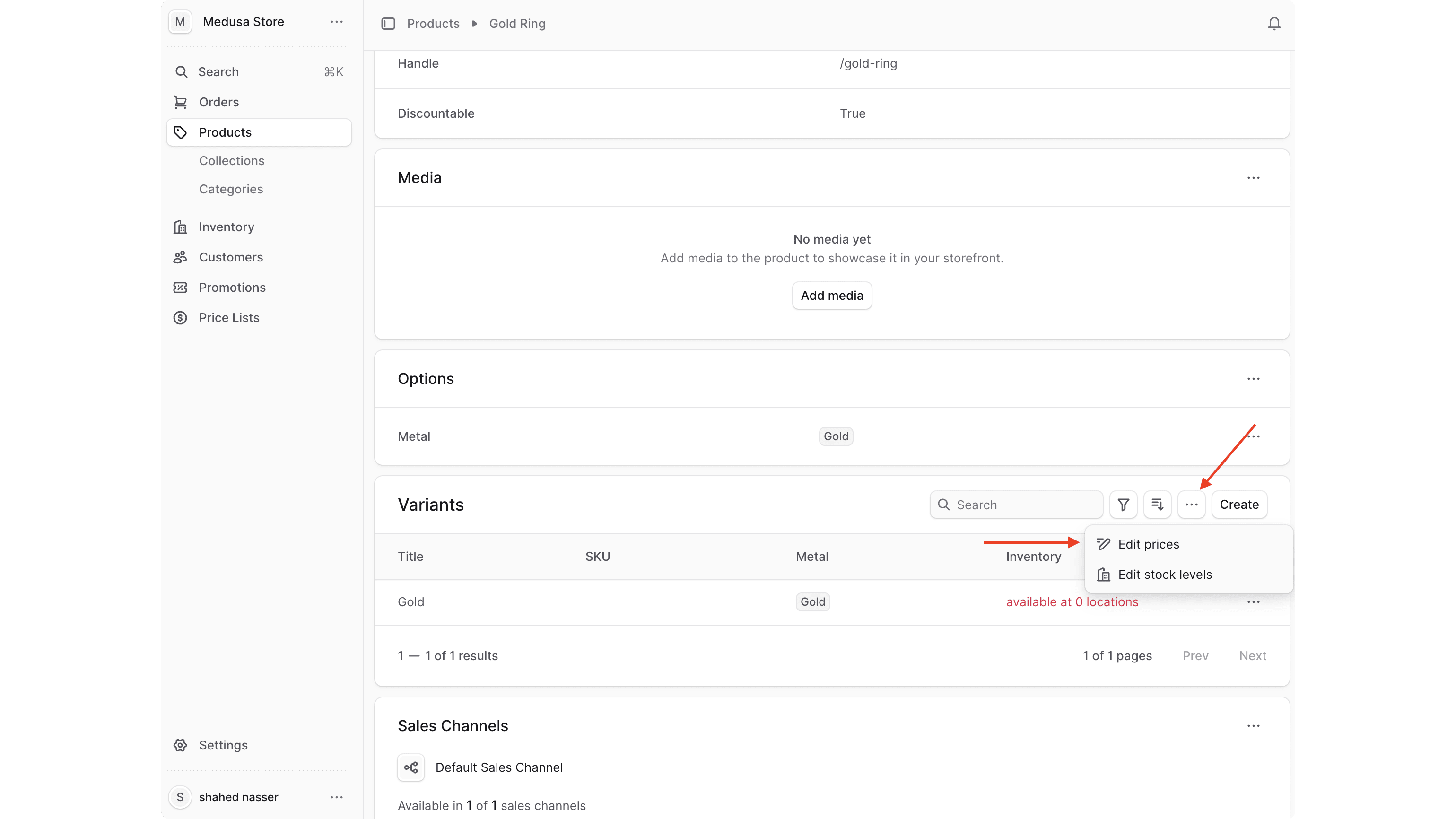 Click on the three-dots icon at the top right of the Variants section, then choose "Edit Prices"