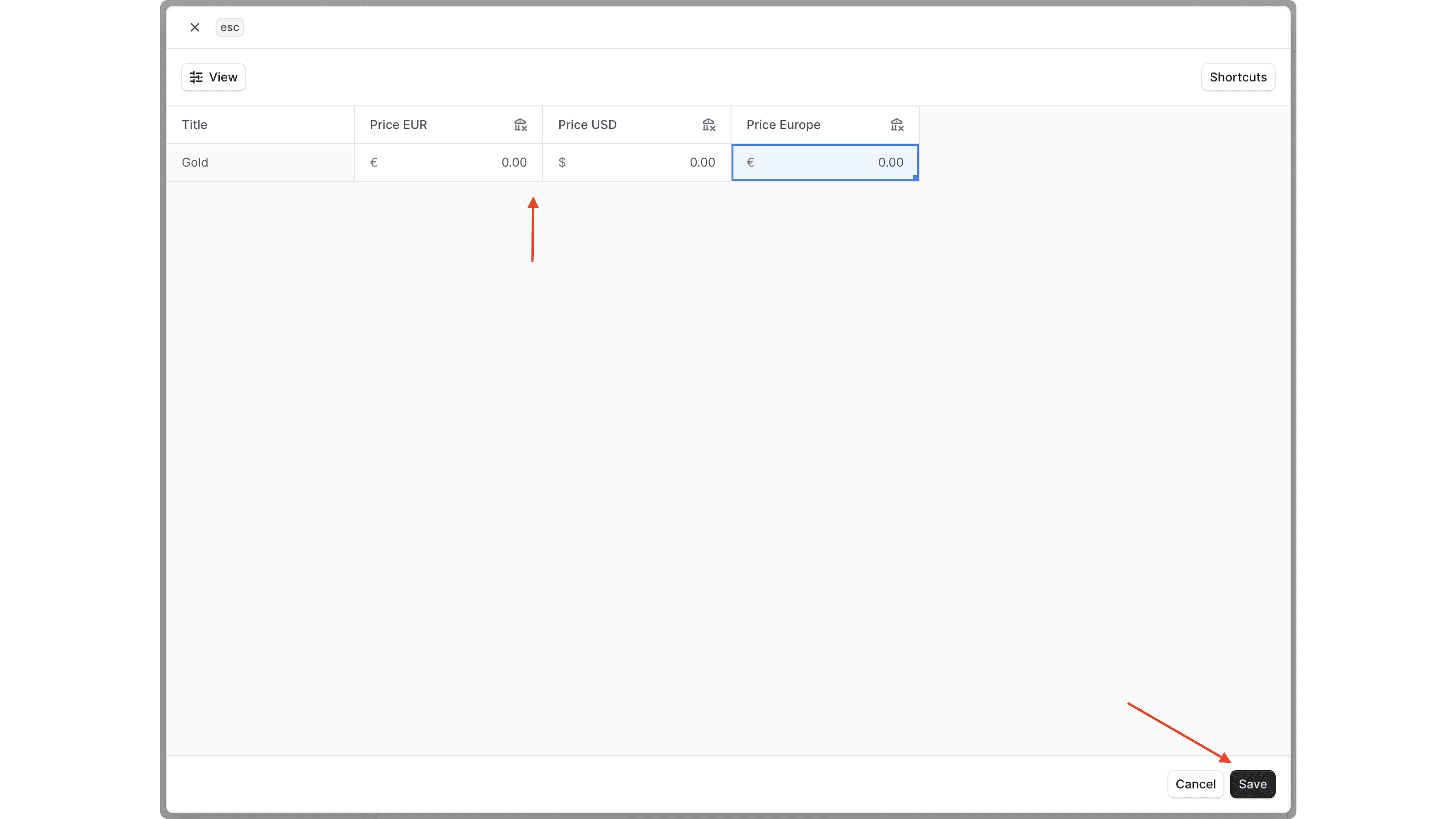Enter fixed prices for the variant in the table, then click the Save button