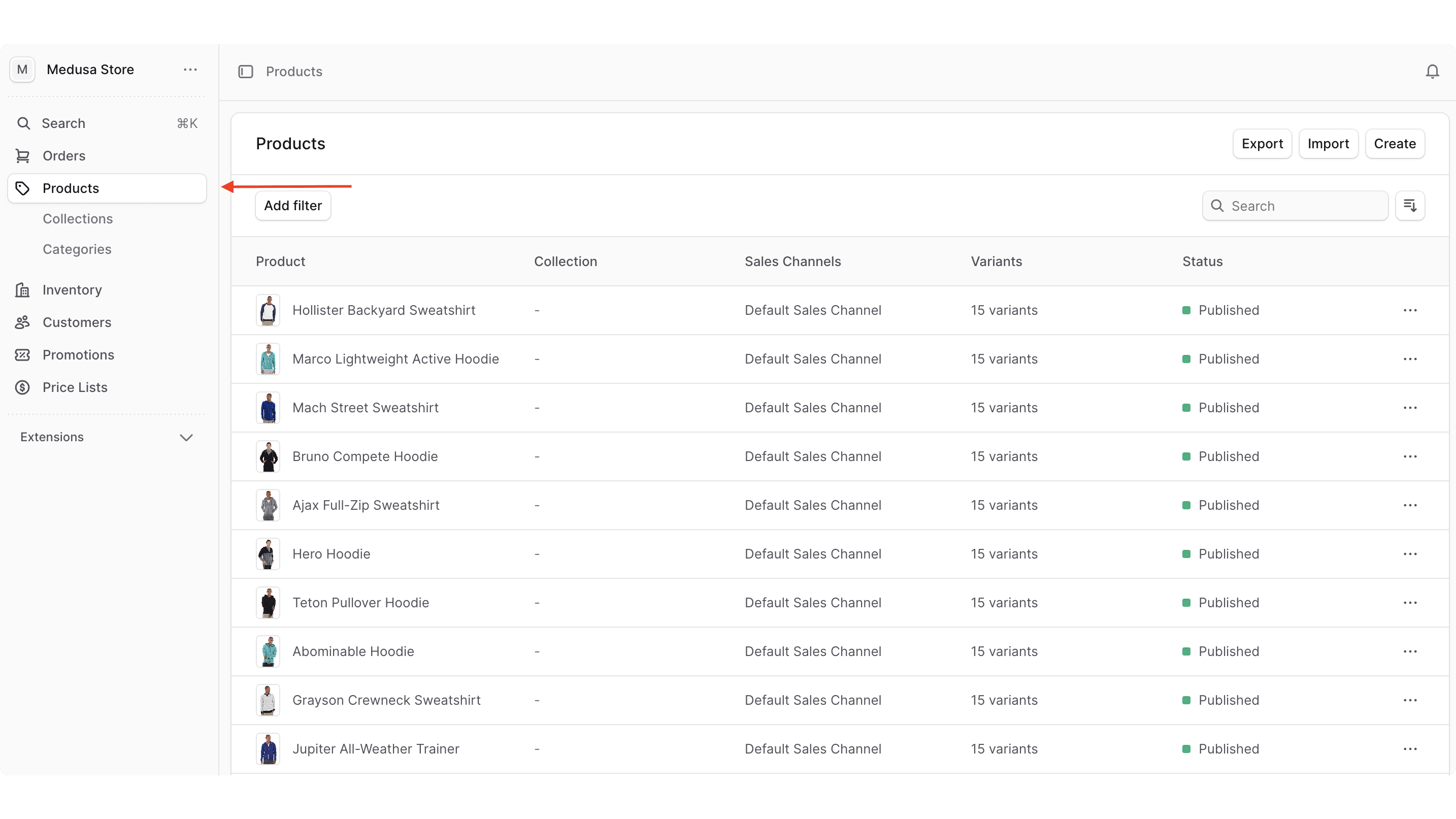 Click on products at the sidebar on the right, then view the products in the table in the middle.