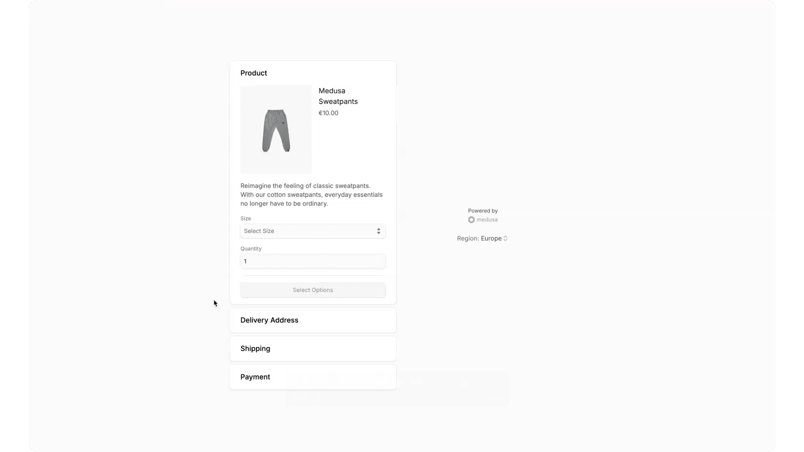 Express checkout storefront interface showing a single-page checkout flow with product selection