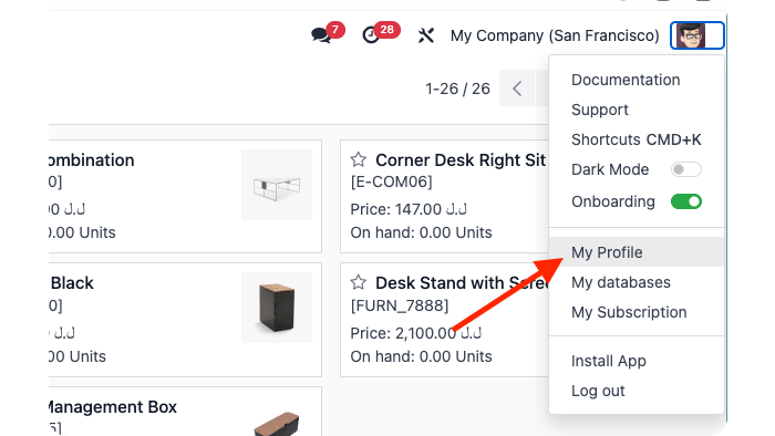 My profile dropdown in Odoo