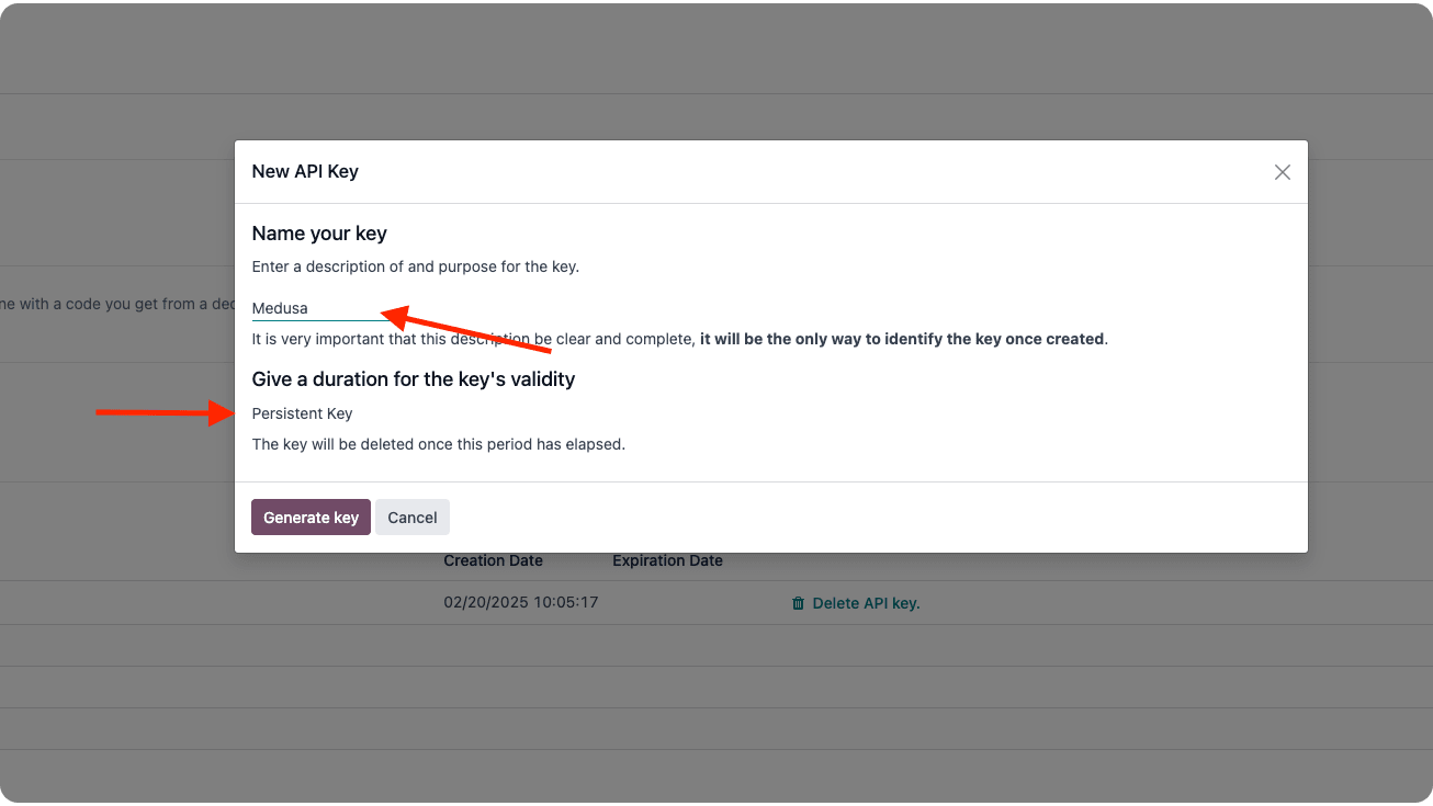 Generate key pop-up