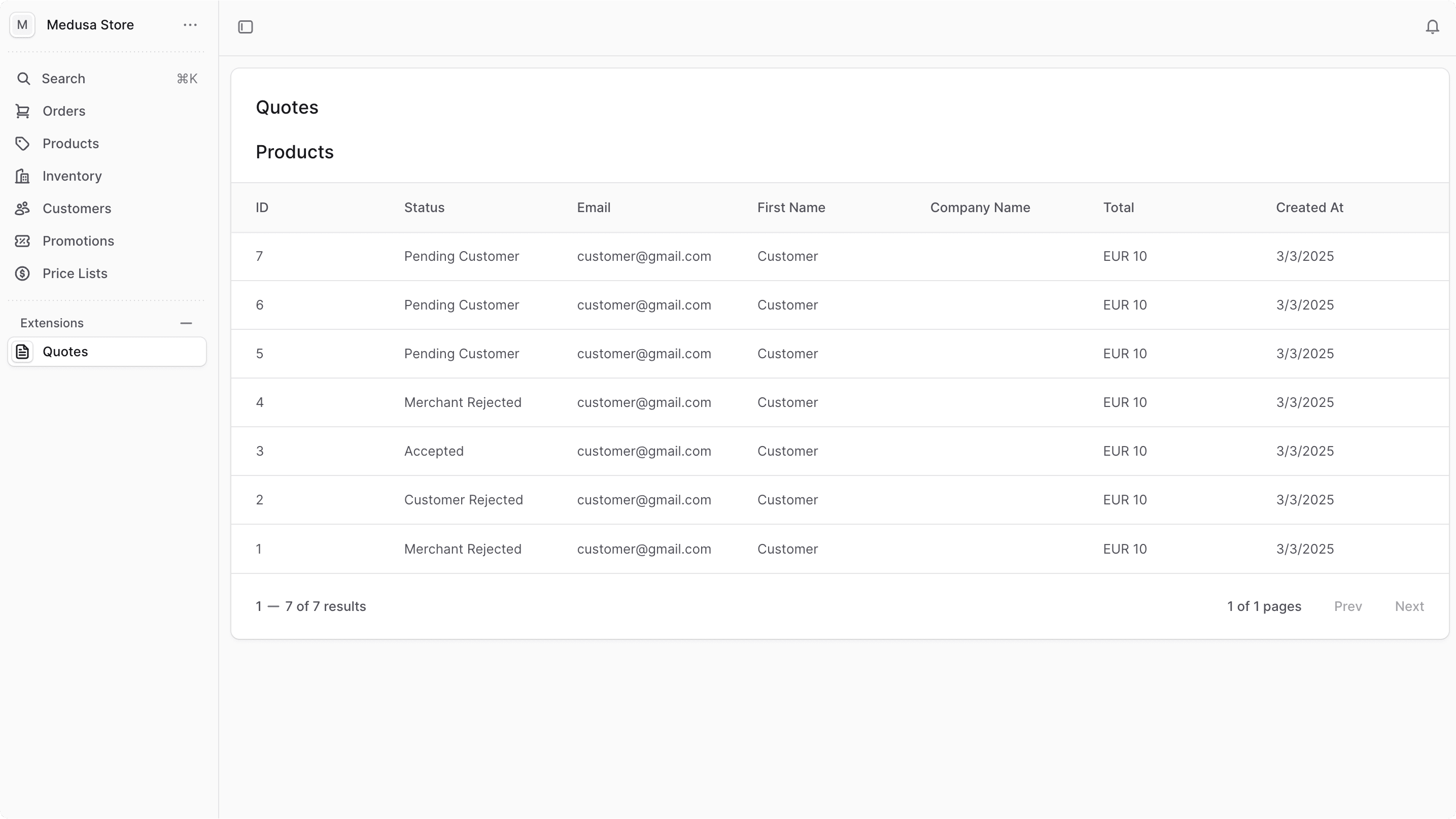 Medusa Admin dashboard displaying the Quotes management interface with a data table showing quote entries including columns for quote ID, customer information, status, and creation date