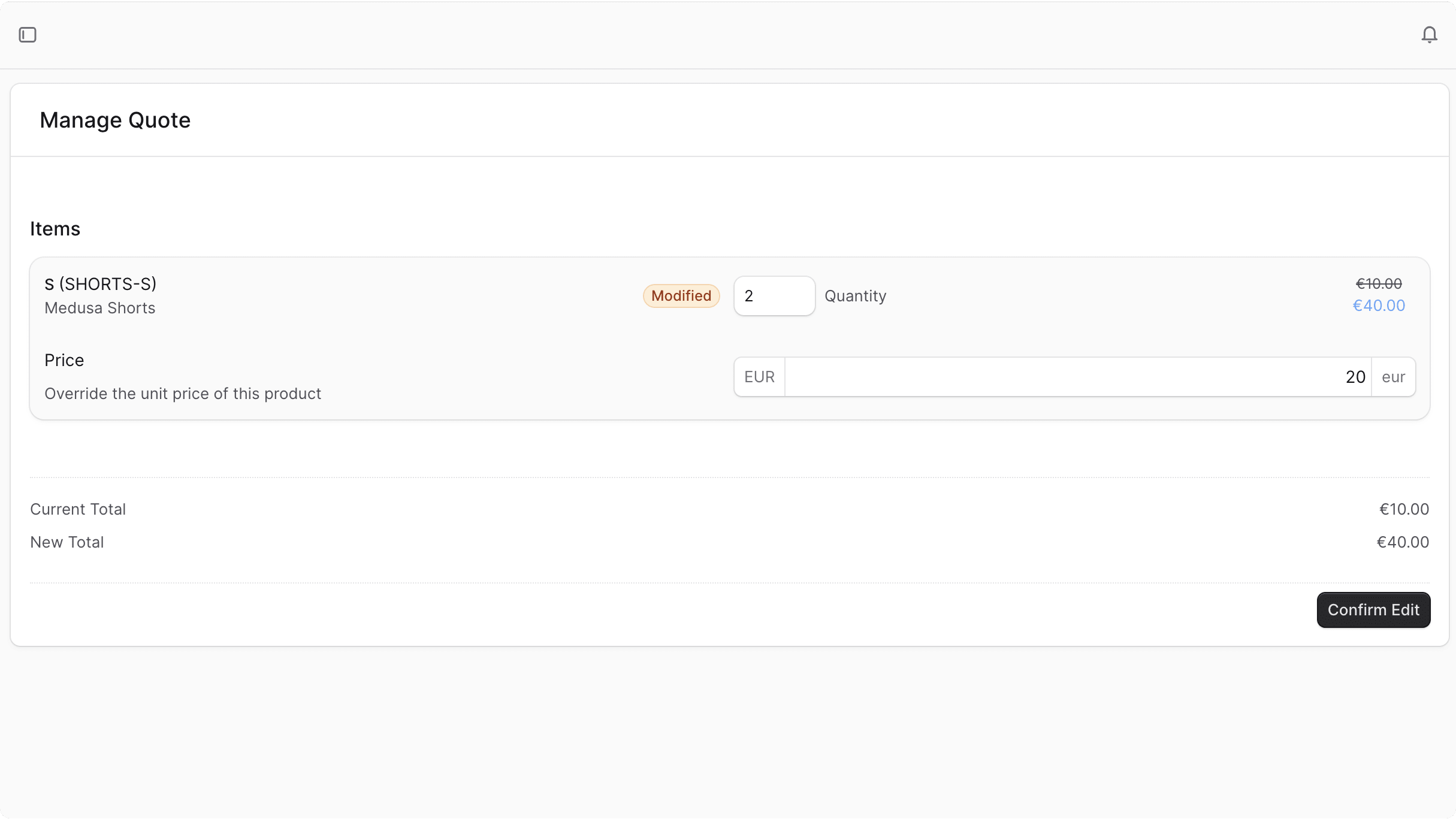 Edit quote items page in Medusa Admin