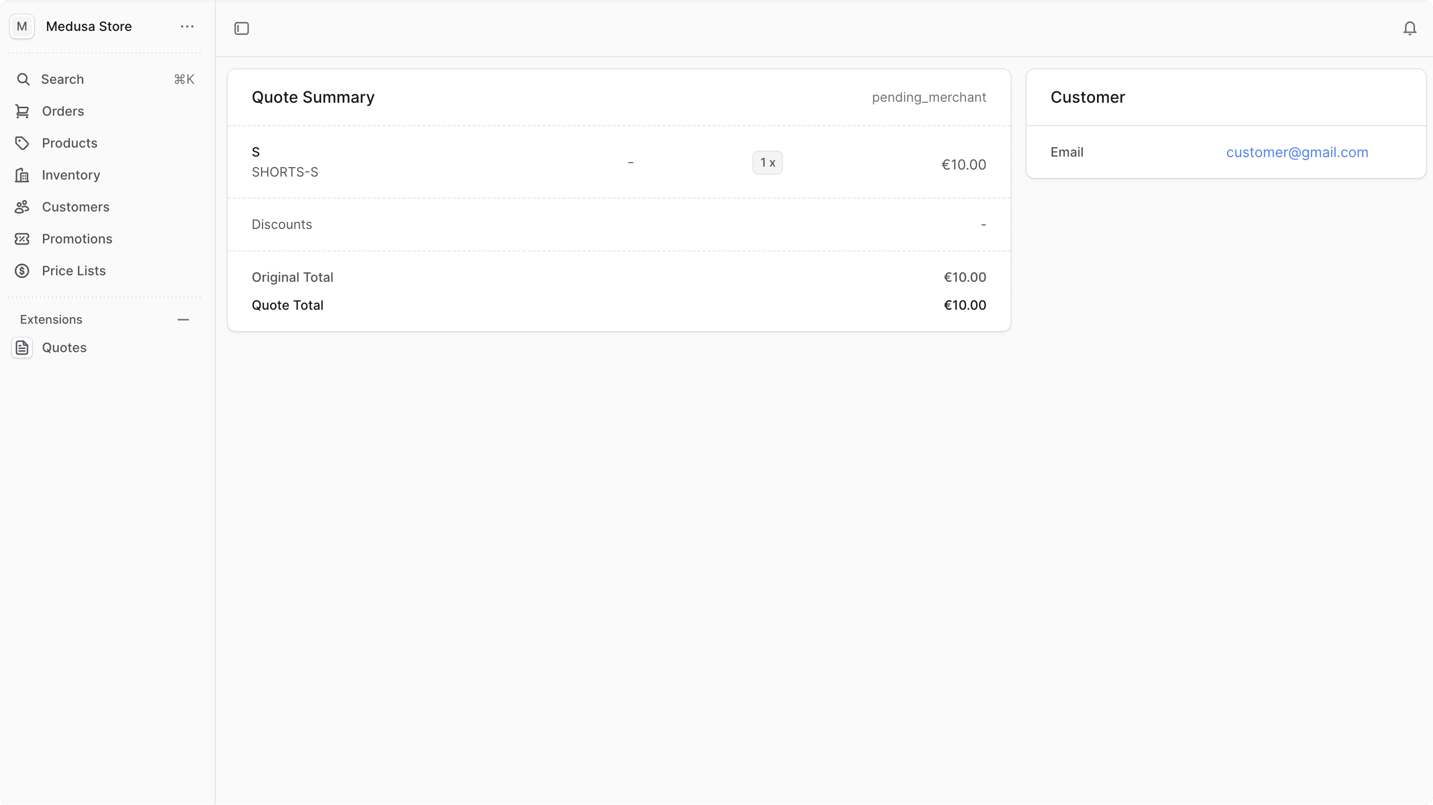 Preview of the quote details page in Medusa Admin