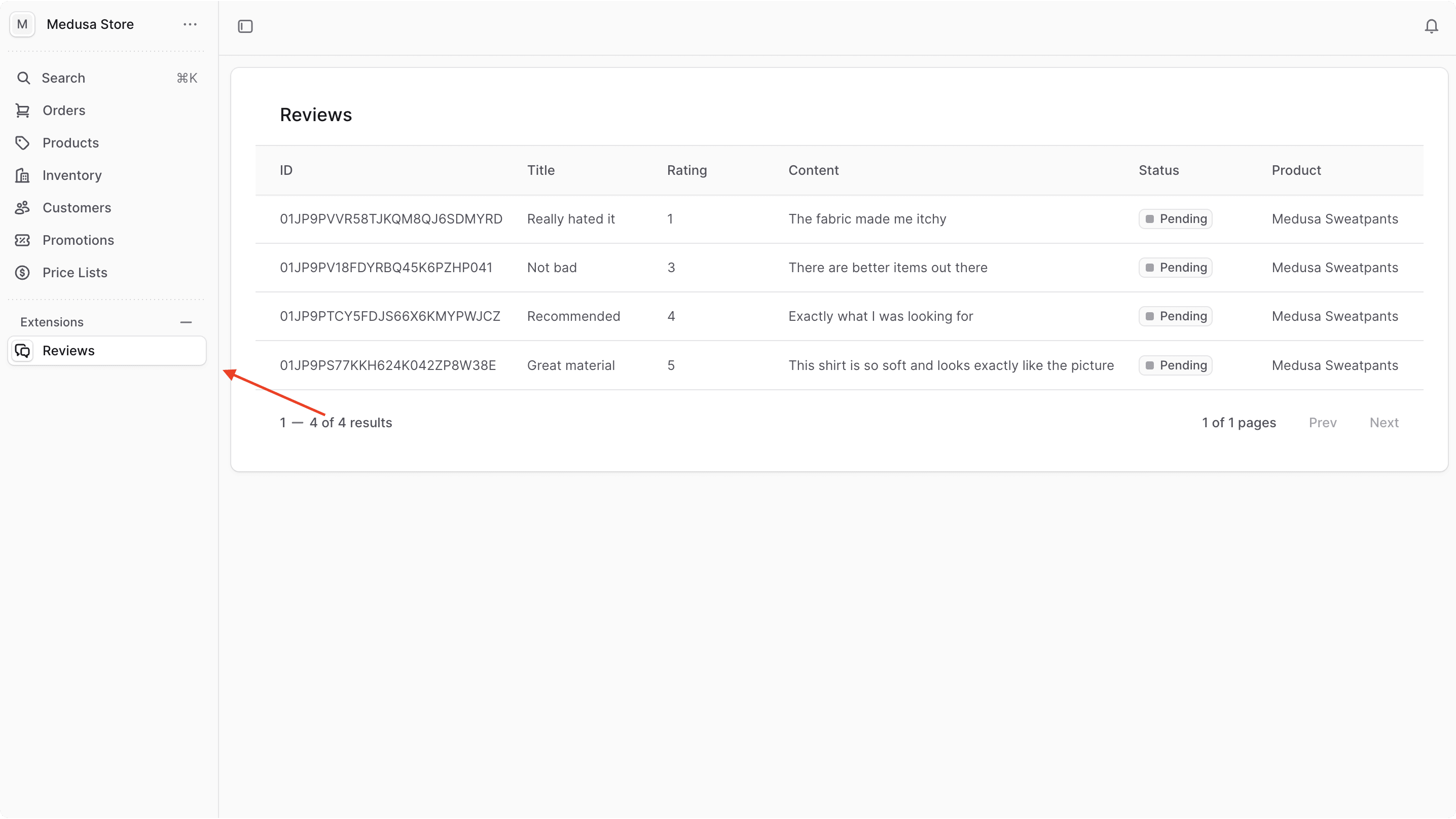 Reviews page showing list of reviews