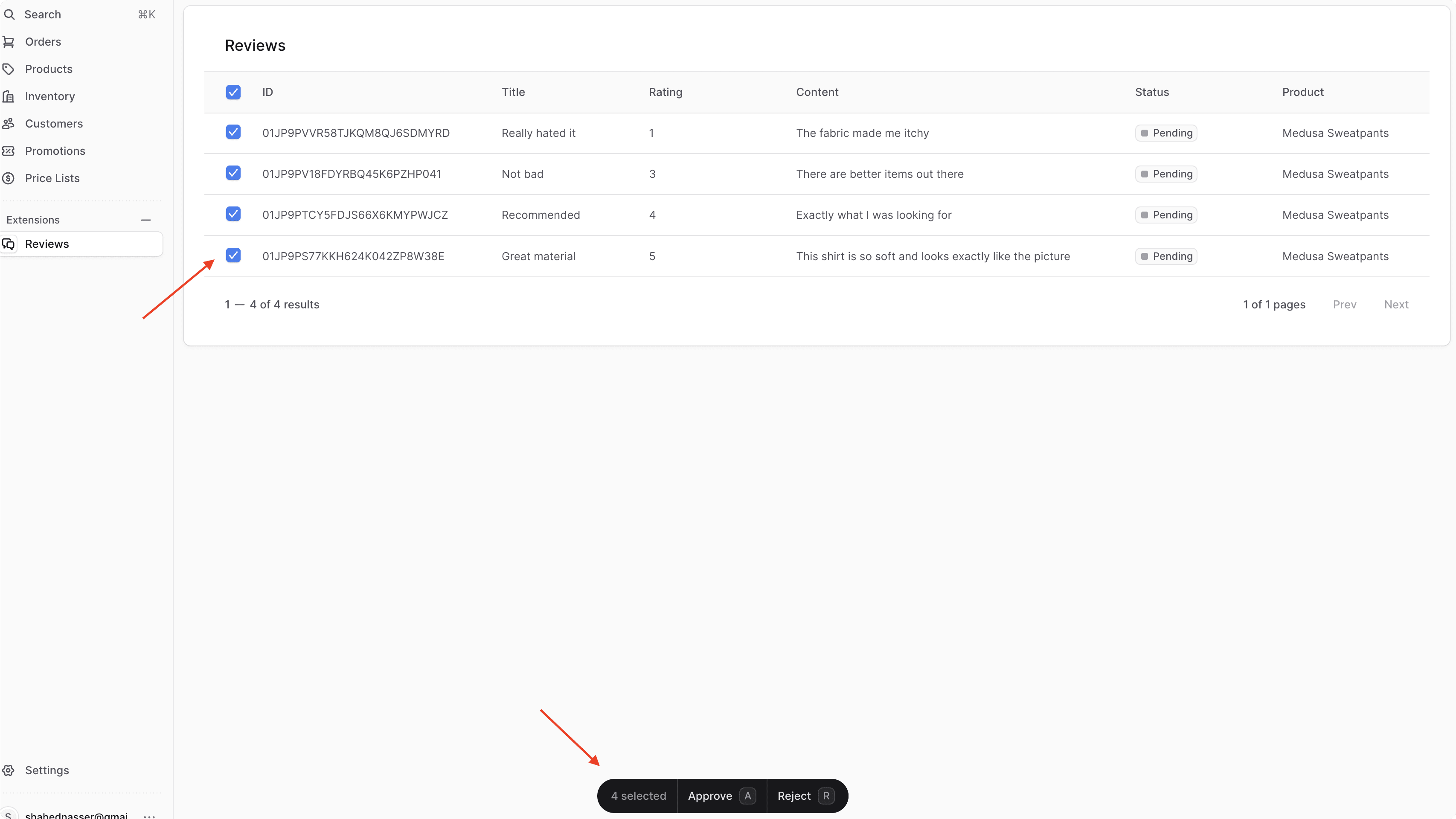 Checkboxes are now shown next to the items in the table, and when you click on them the command bar shows at the bottom of the page with Approve and Reject commands