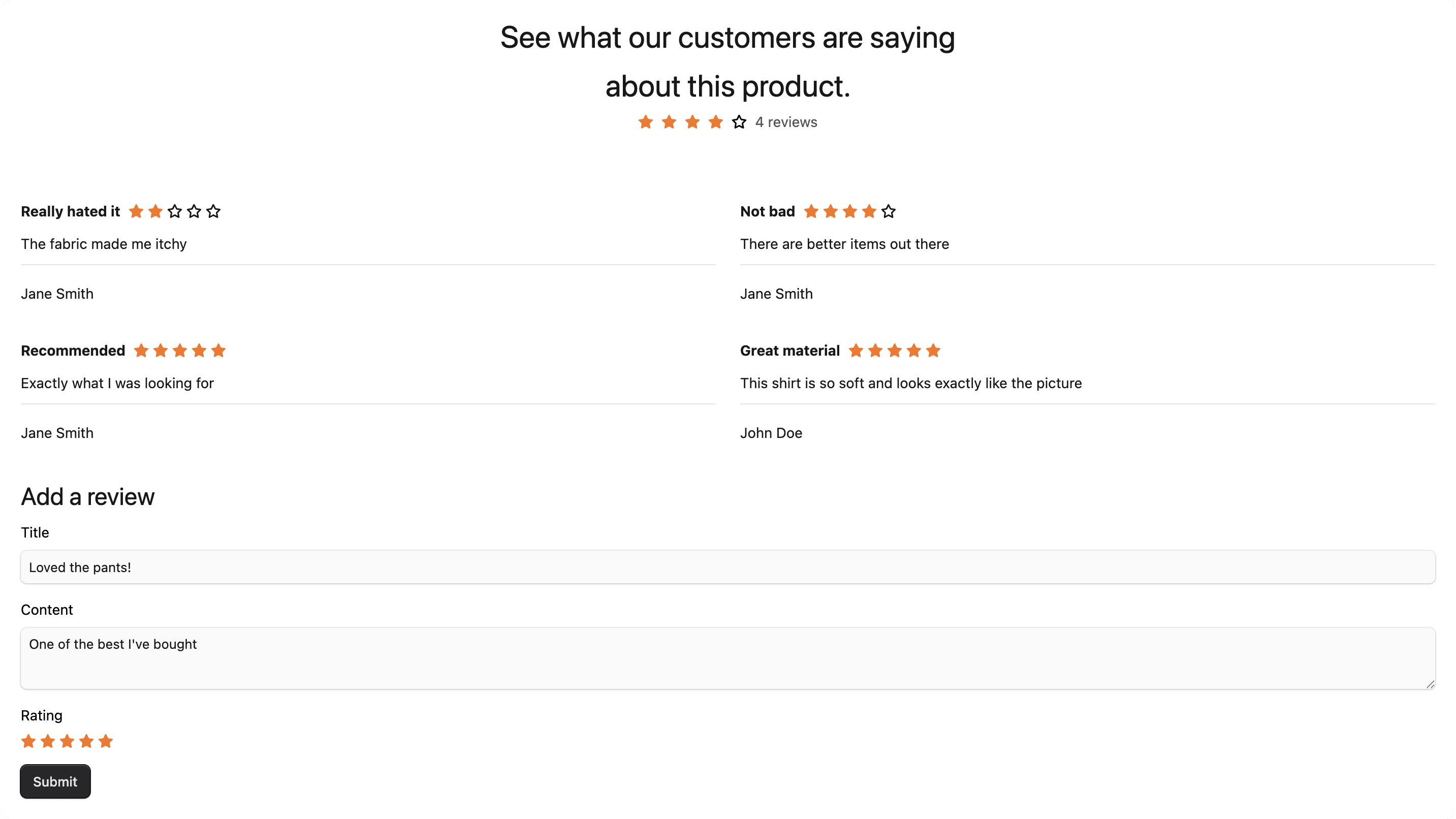 Product page showing the Add a review form