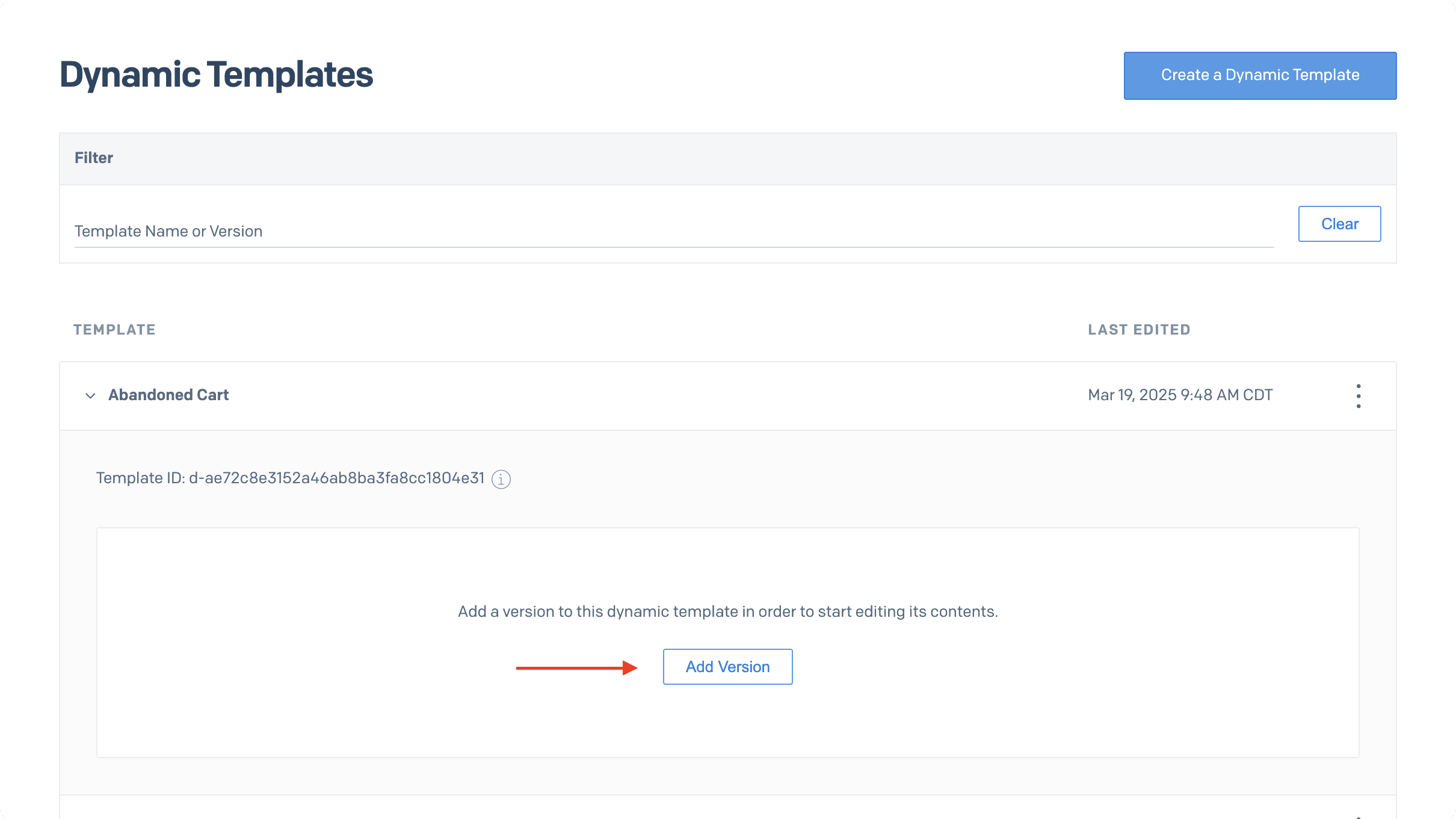 The template is a collapsible in the middle of the page,with the "Add Version" button shown in the middle