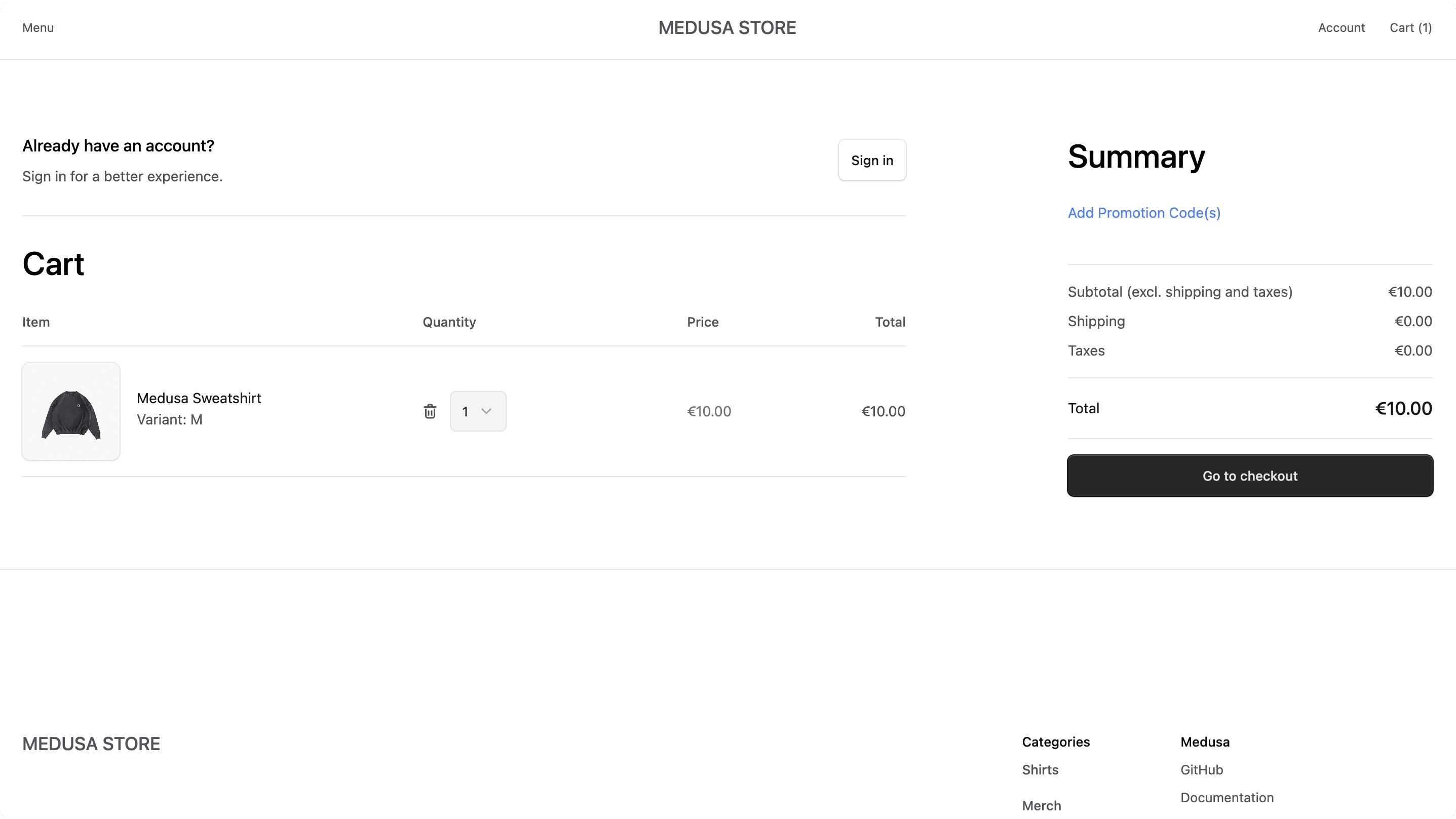 Cart page in the storefront