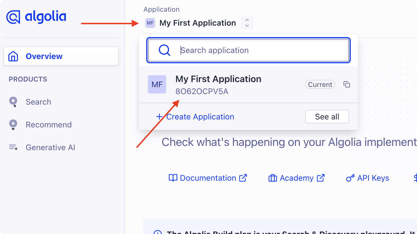 Find the Algolia App ID by clicking on the application name in the Algolia dashboard, then copying the ID below the name in the pop-up