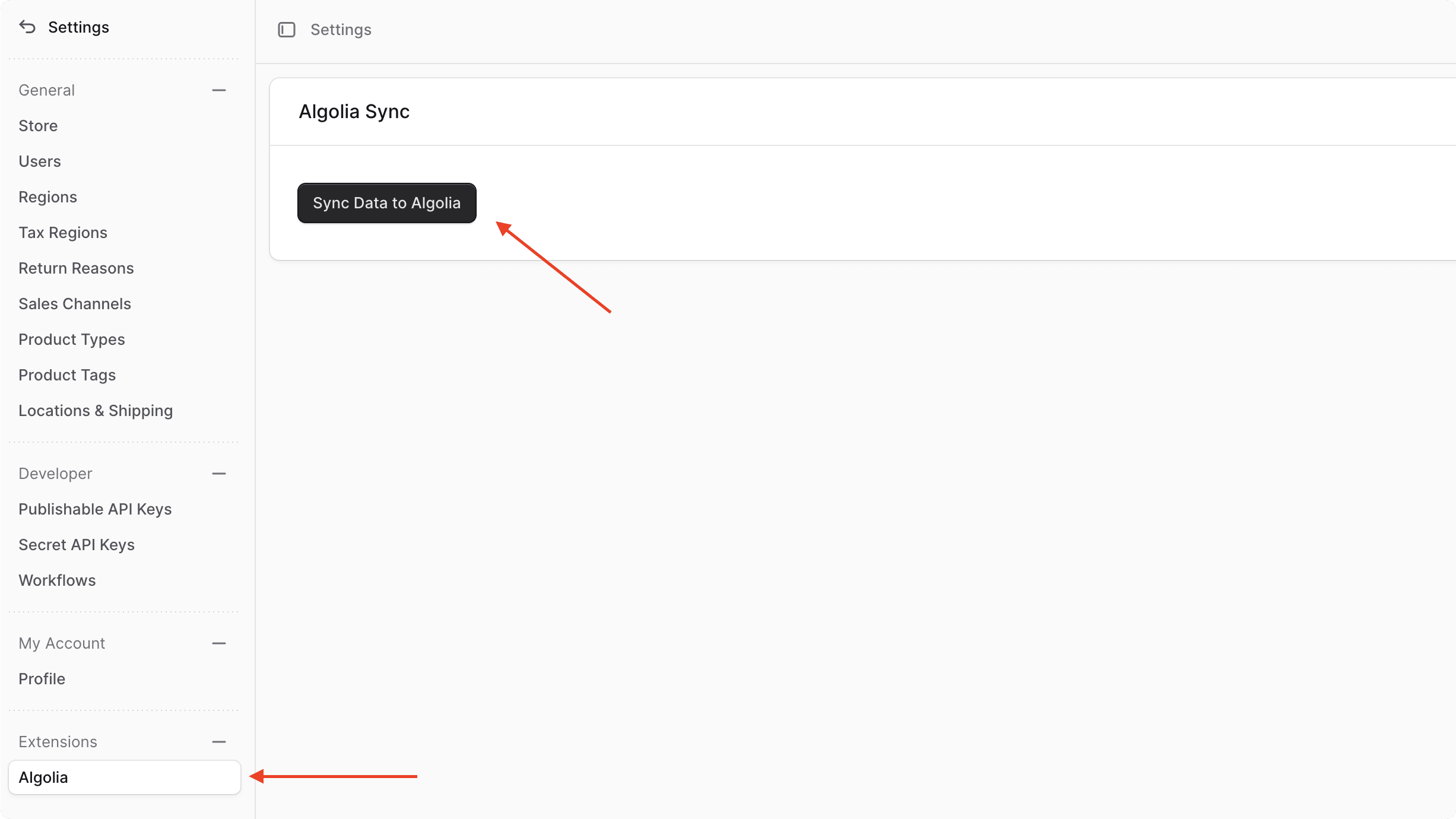 The Algolia Sync page in the Medusa Admin dashboard with a button to sync products to Algolia