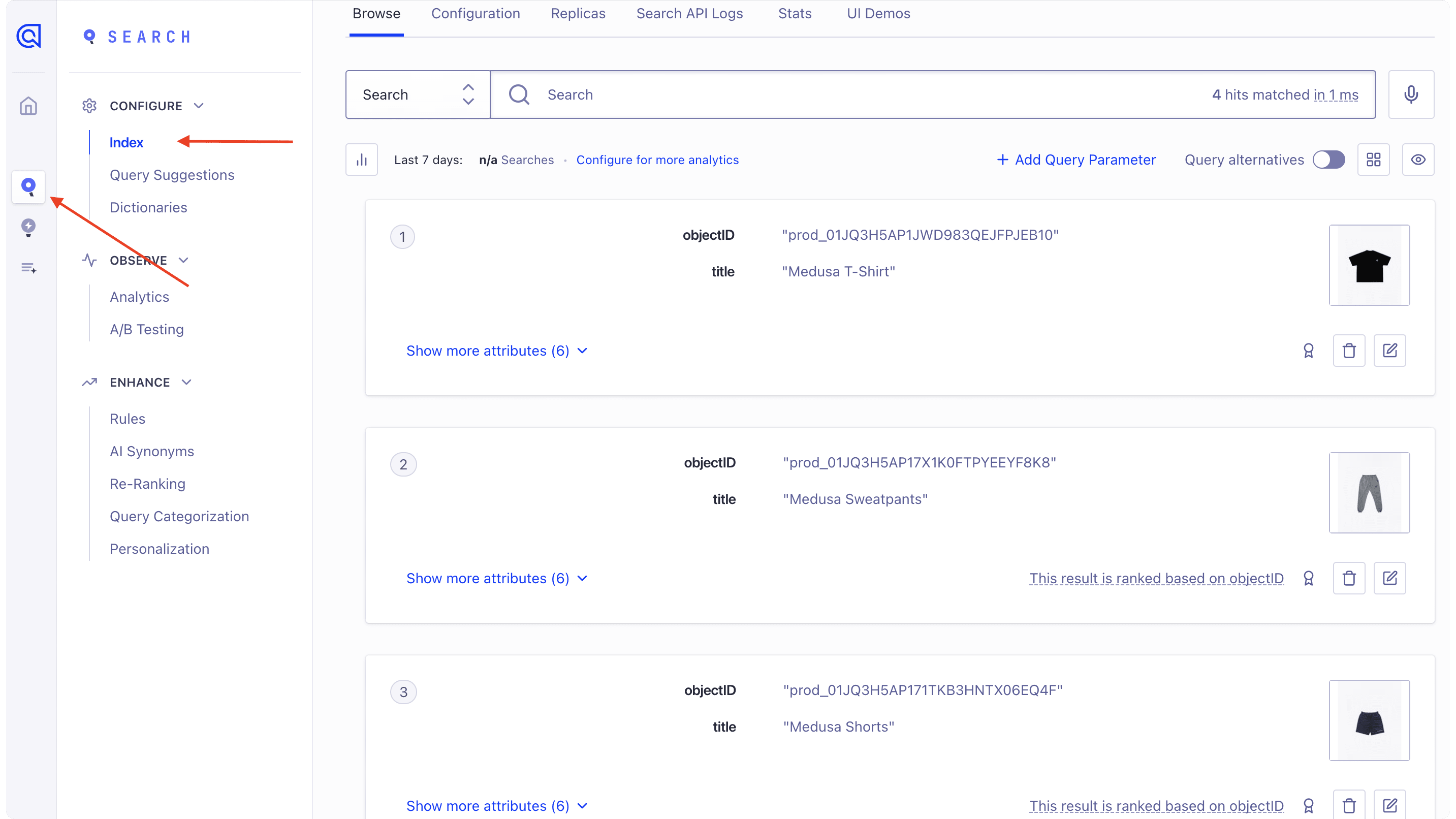 The Algolia dashboard showing the indexed products