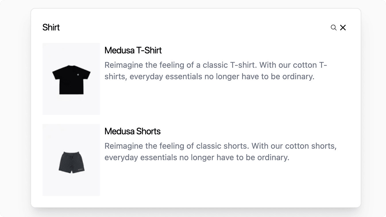 The Next.js Starter Storefront showing the search modal with search results