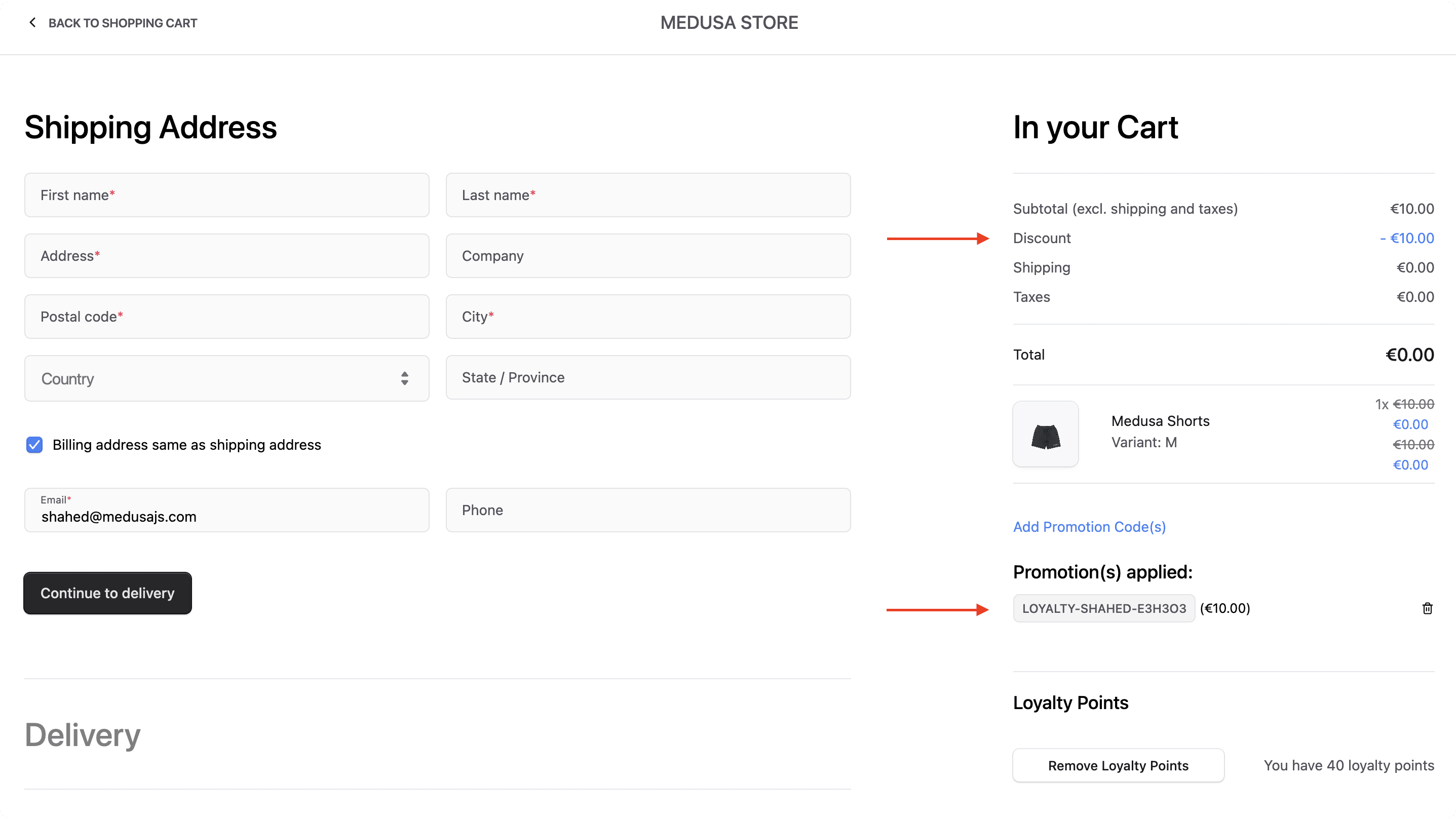 Discounted amount is shown as part of the summary and the promotion is shown as part of the applied promotions
