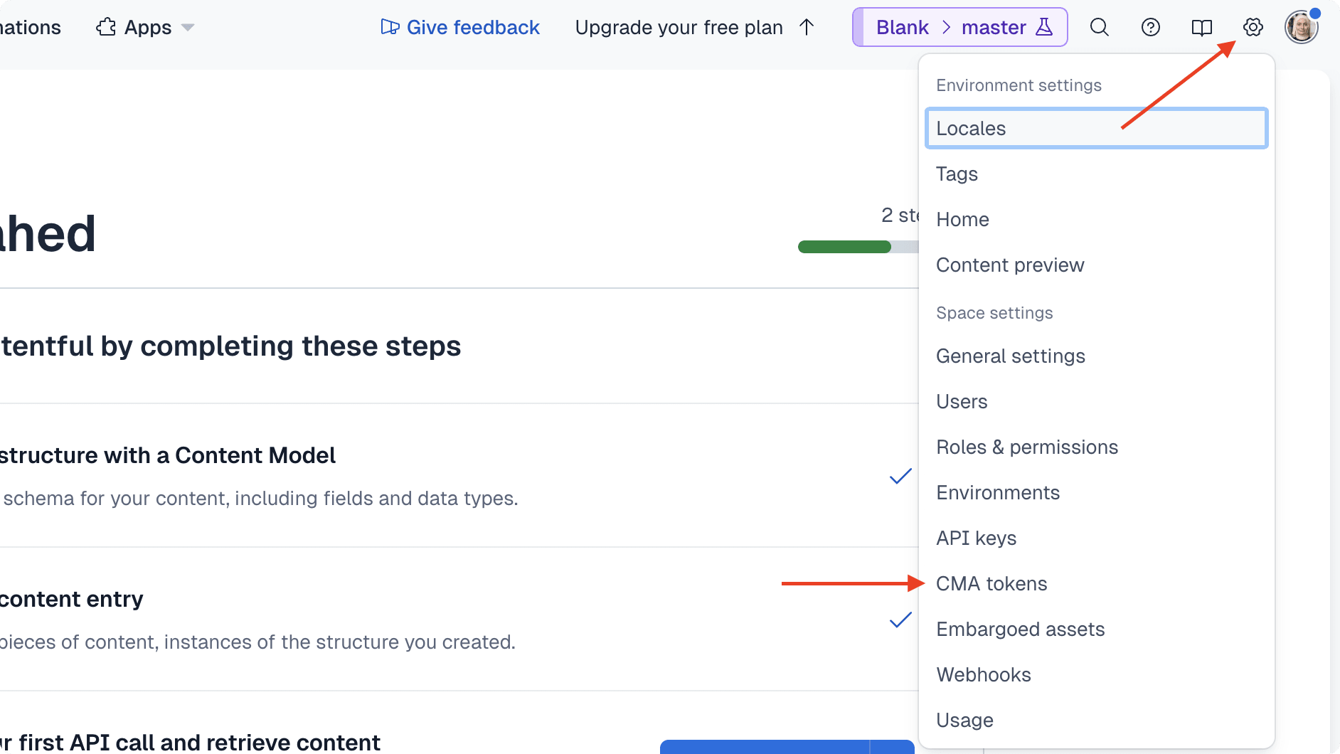 The cog icon is at the top right next to the user avatar. If you click on it, a dropdown will show where you can click on "CMA tokens".