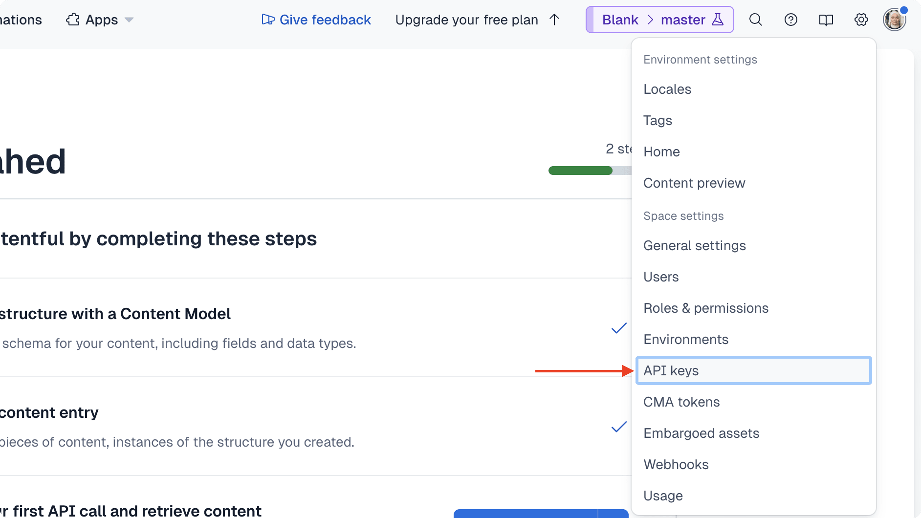 The cog icon is at the top right next to the user avatar. If you click on it, a dropdown will show where you can click on "API keys".