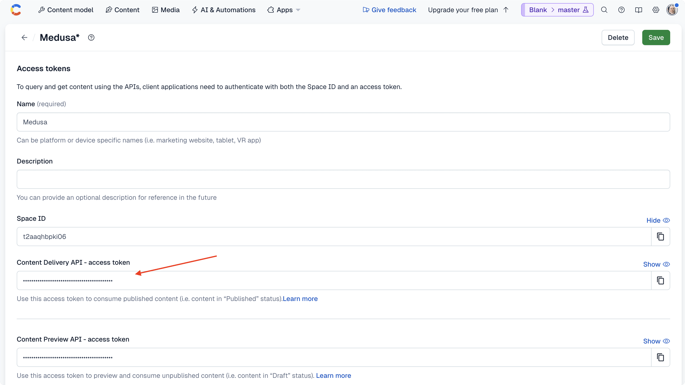 Copy the API key from the "Content Delivery API - access token" field