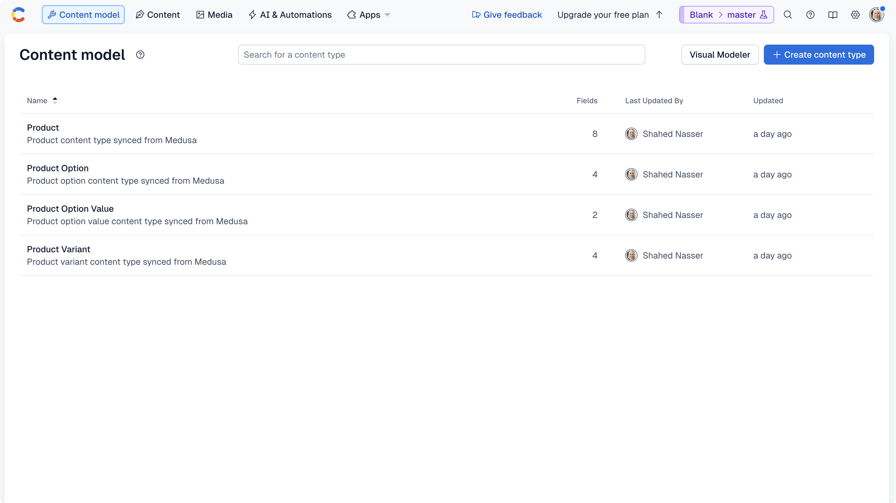 In the Contentful dashboard, go to the Content Model page