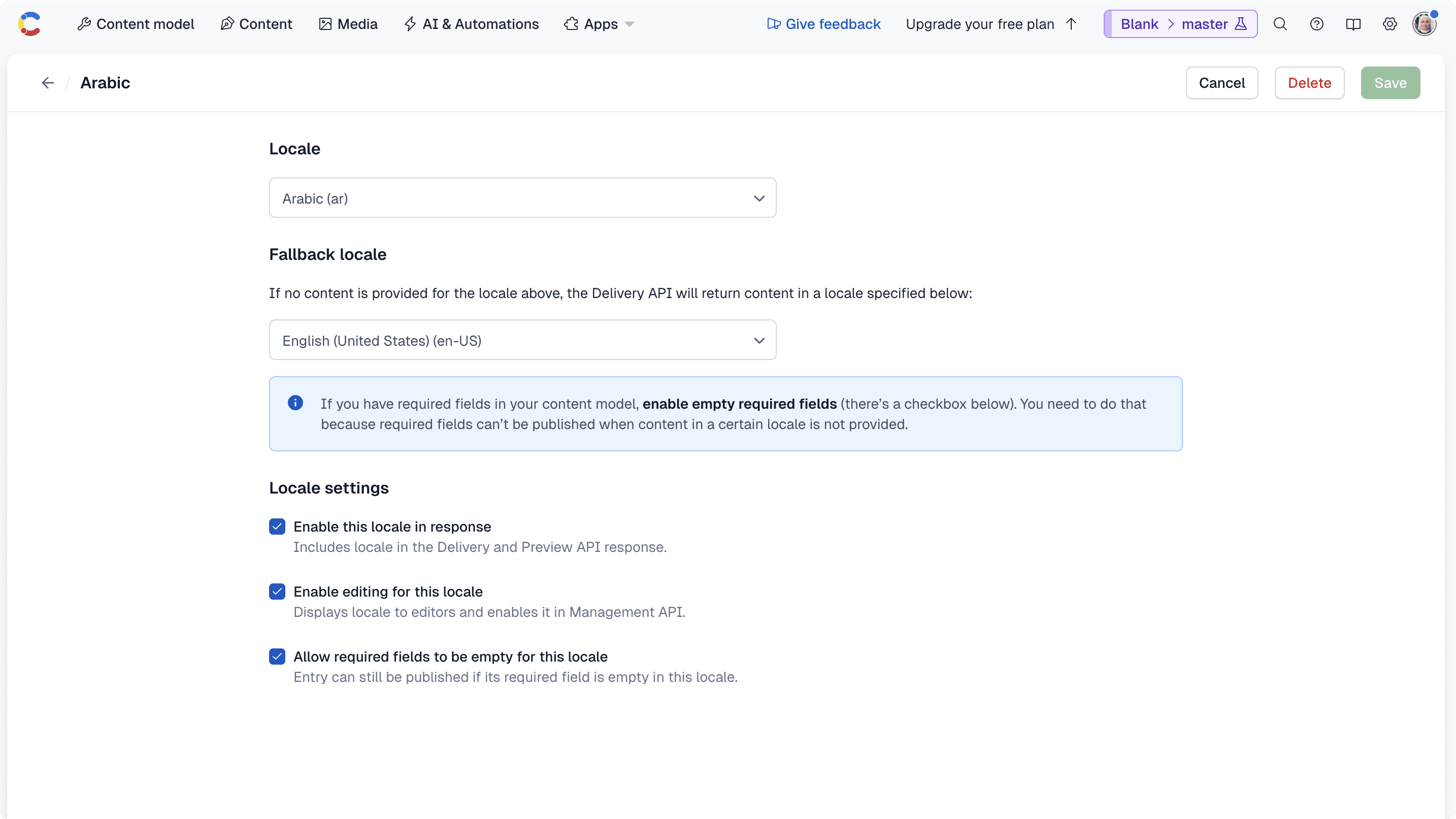 Example of the locale's settings in the Contentful dashboard