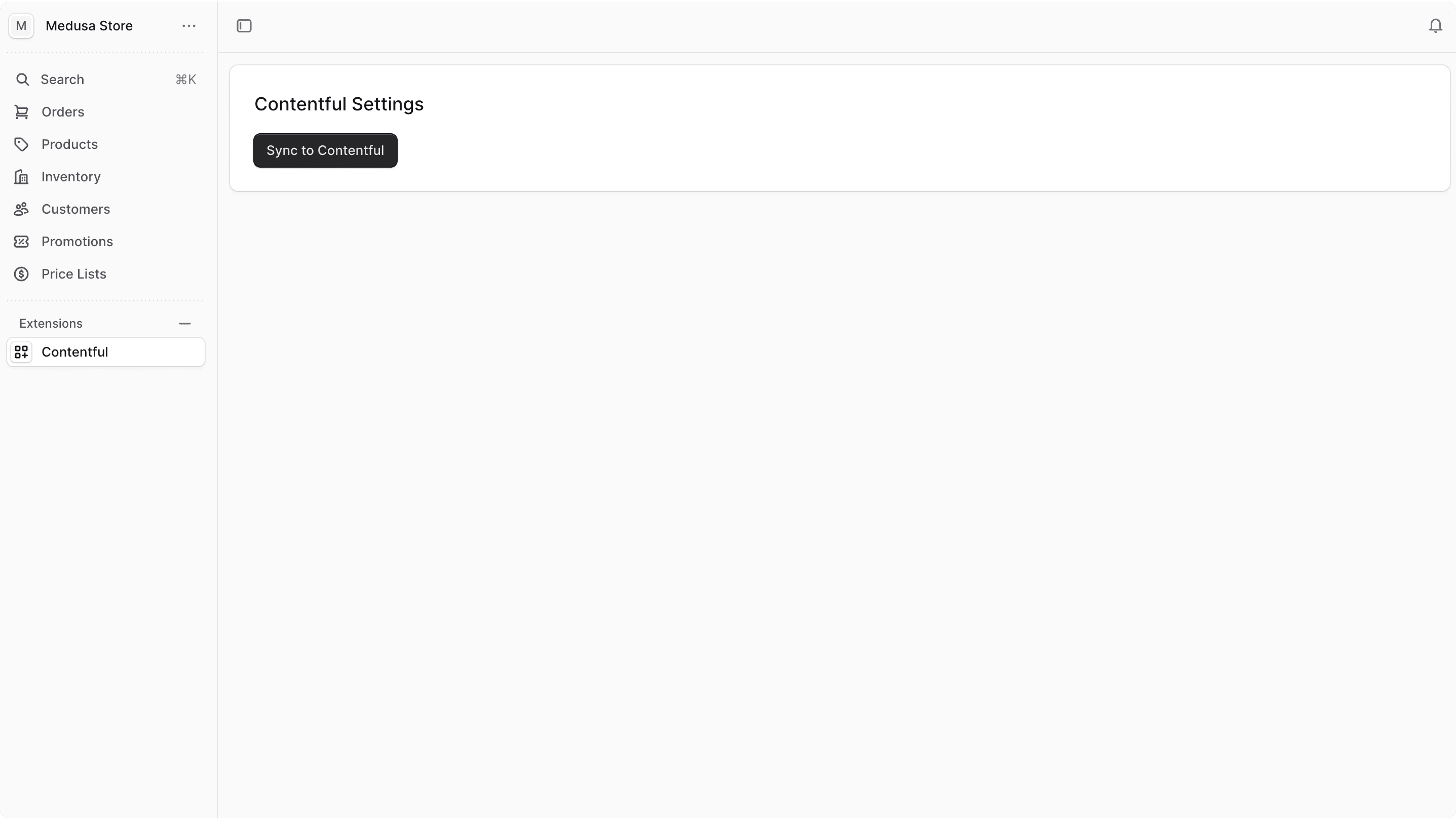 The Contentful page in the Medusa Admin dashboard with a button to trigger the sync