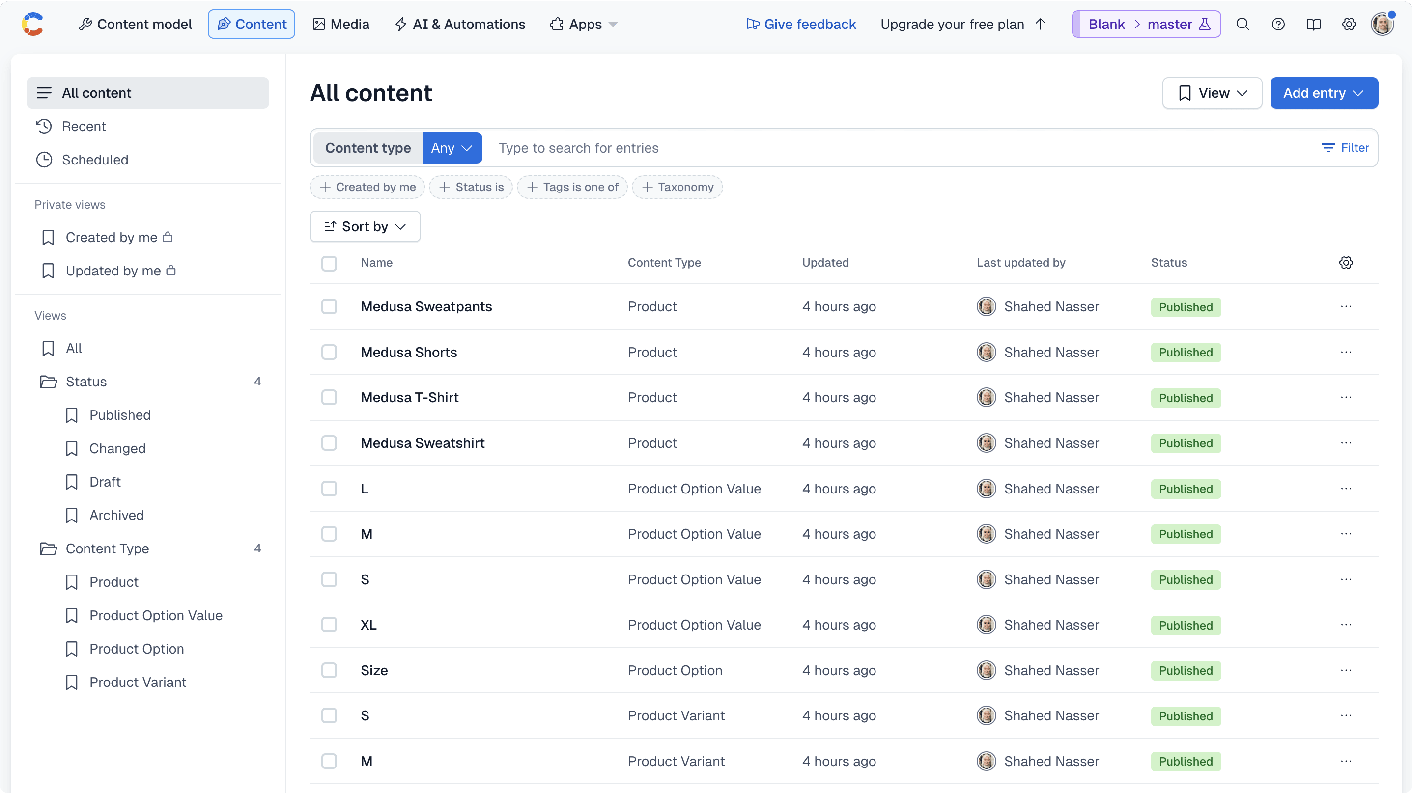 The Contentful dashboard showing the synced products