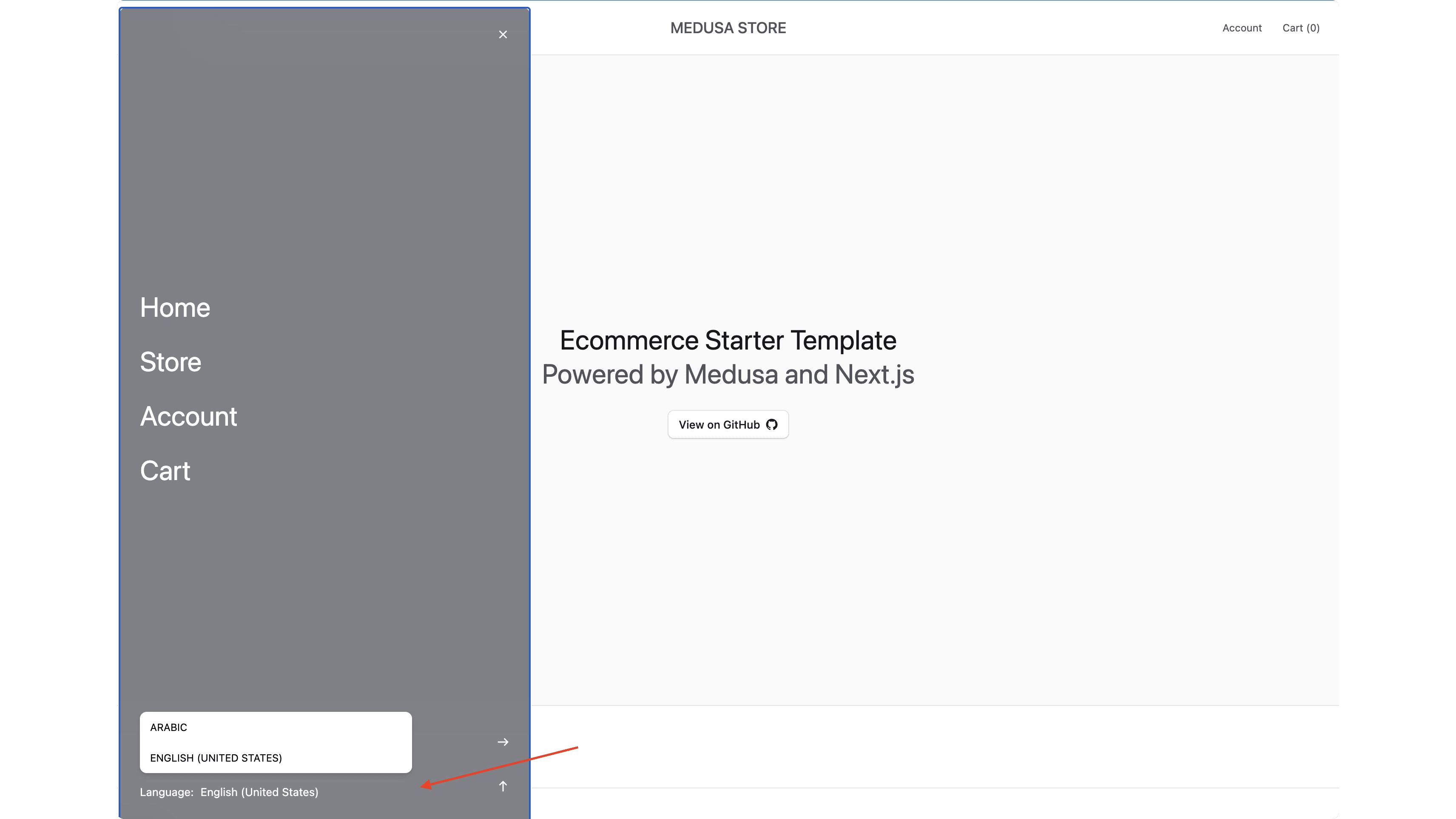 The locale selector in the side menu
