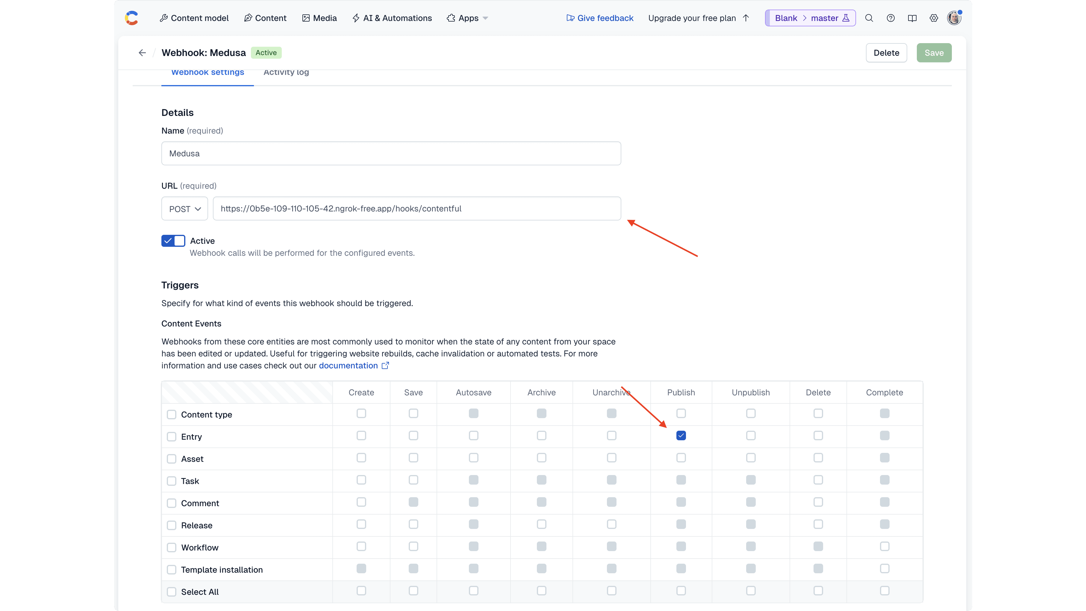 The webhook form with the URL and triggers highlighted