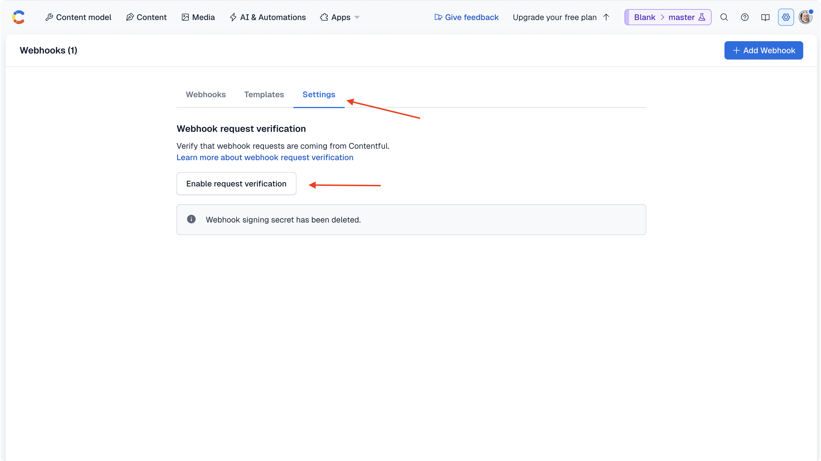 The "Enable request verification" button in the "Settings" tab