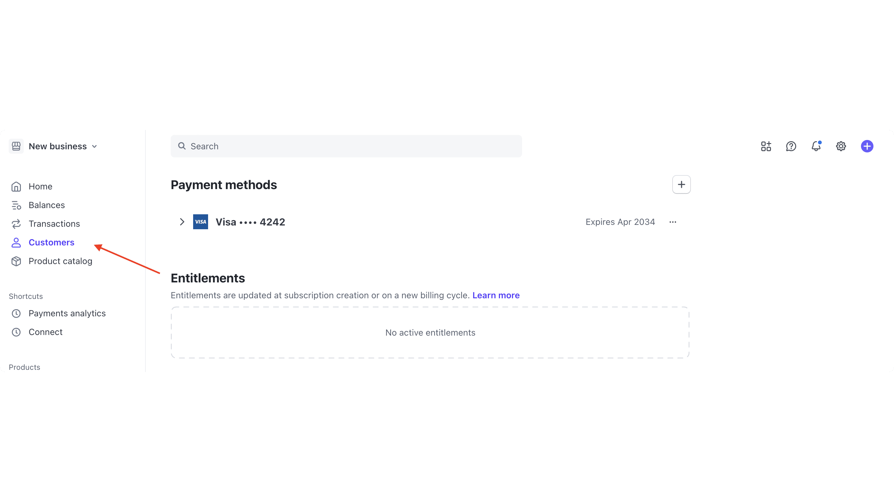 Saved payment method on the Stripe dashboard