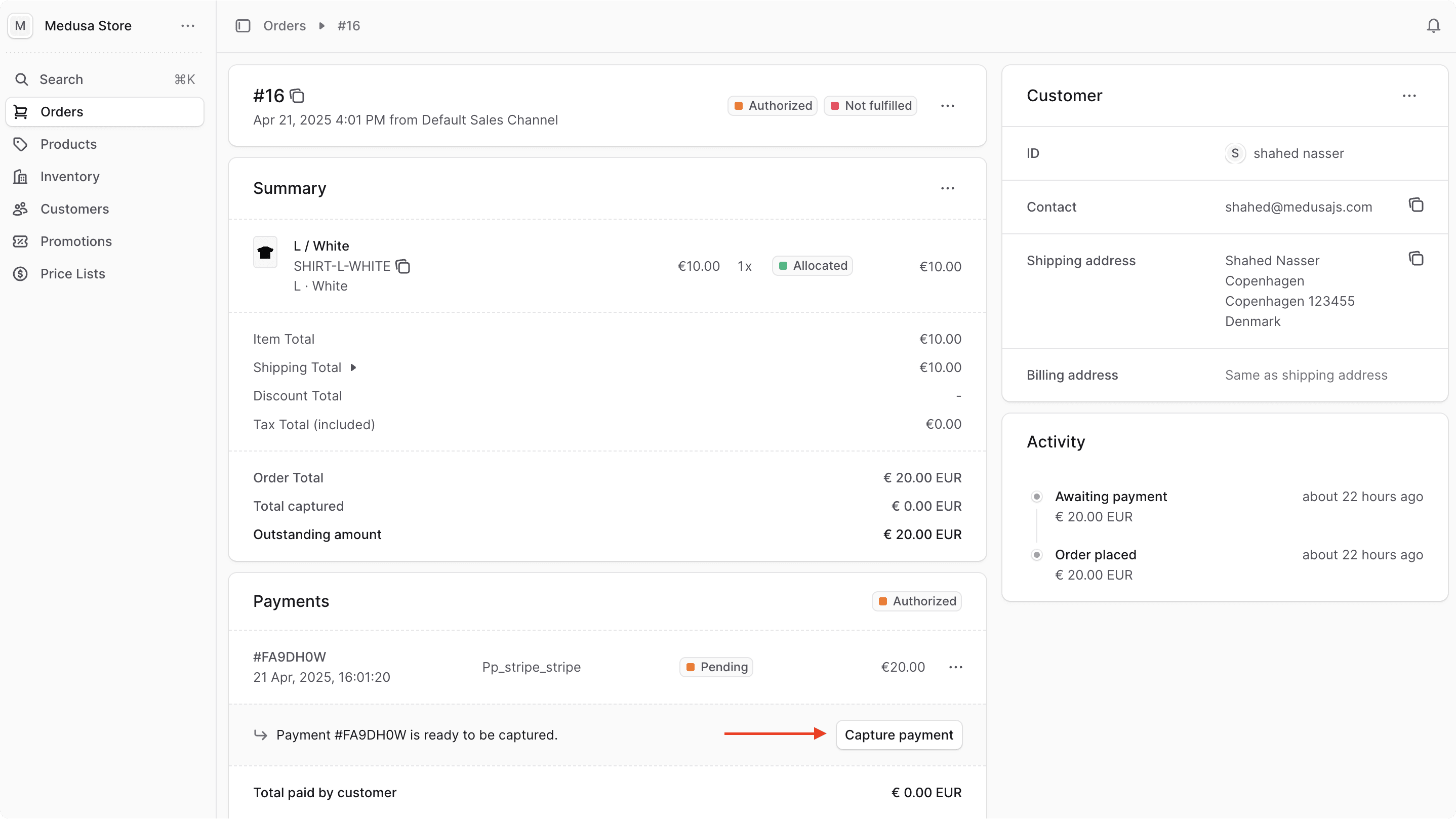 Order in the Medusa Admin dashboard